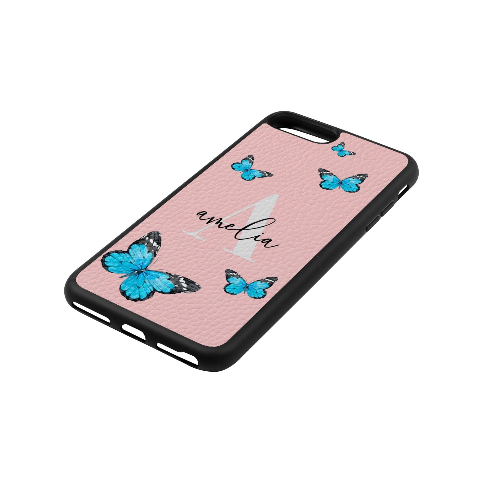 Blue Butterflies with Initial and Name Pink Pebble Leather iPhone 8 Plus Case Side Angle