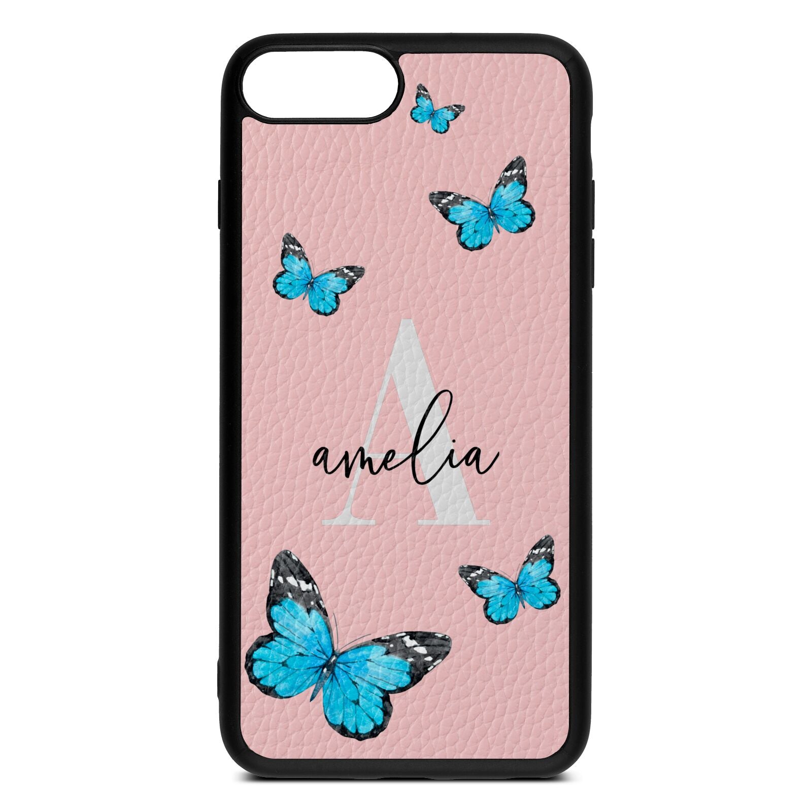 Blue Butterflies with Initial and Name Pink Pebble Leather iPhone 8 Plus Case