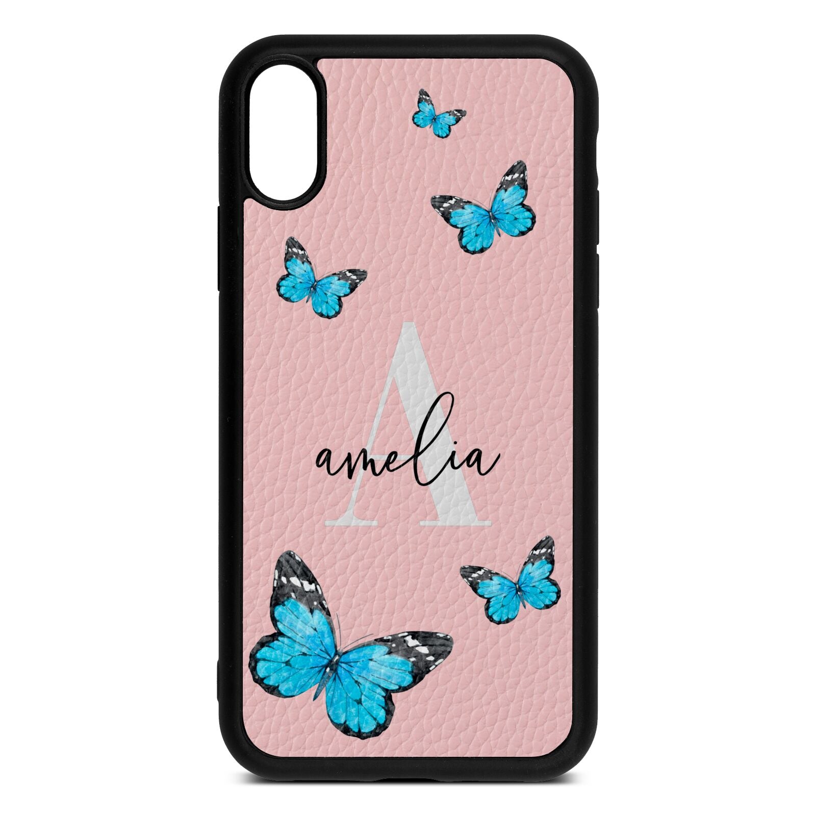 Blue Butterflies with Initial and Name Pink Pebble Leather iPhone Xr Case