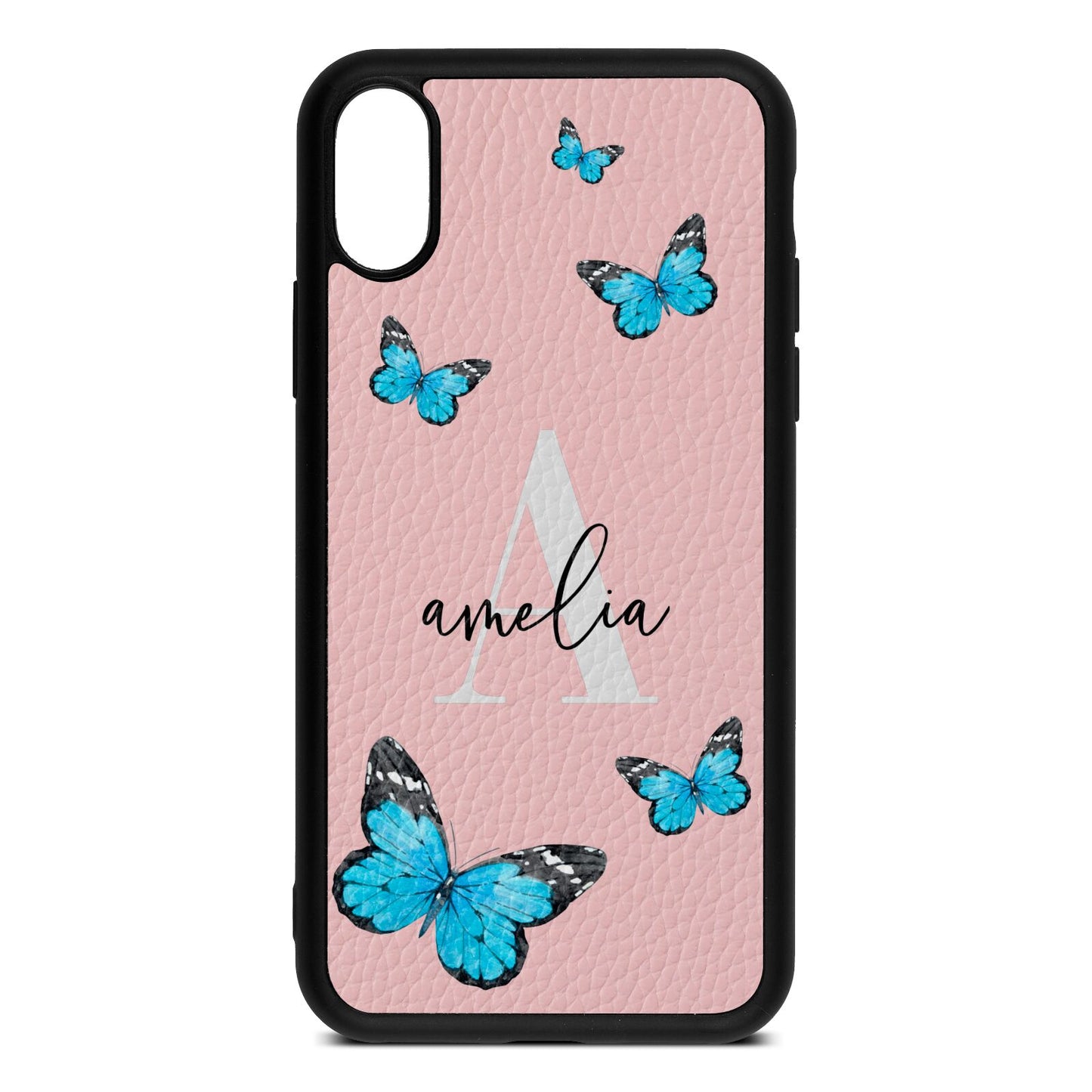 Blue Butterflies with Initial and Name Pink Pebble Leather iPhone Xs Case