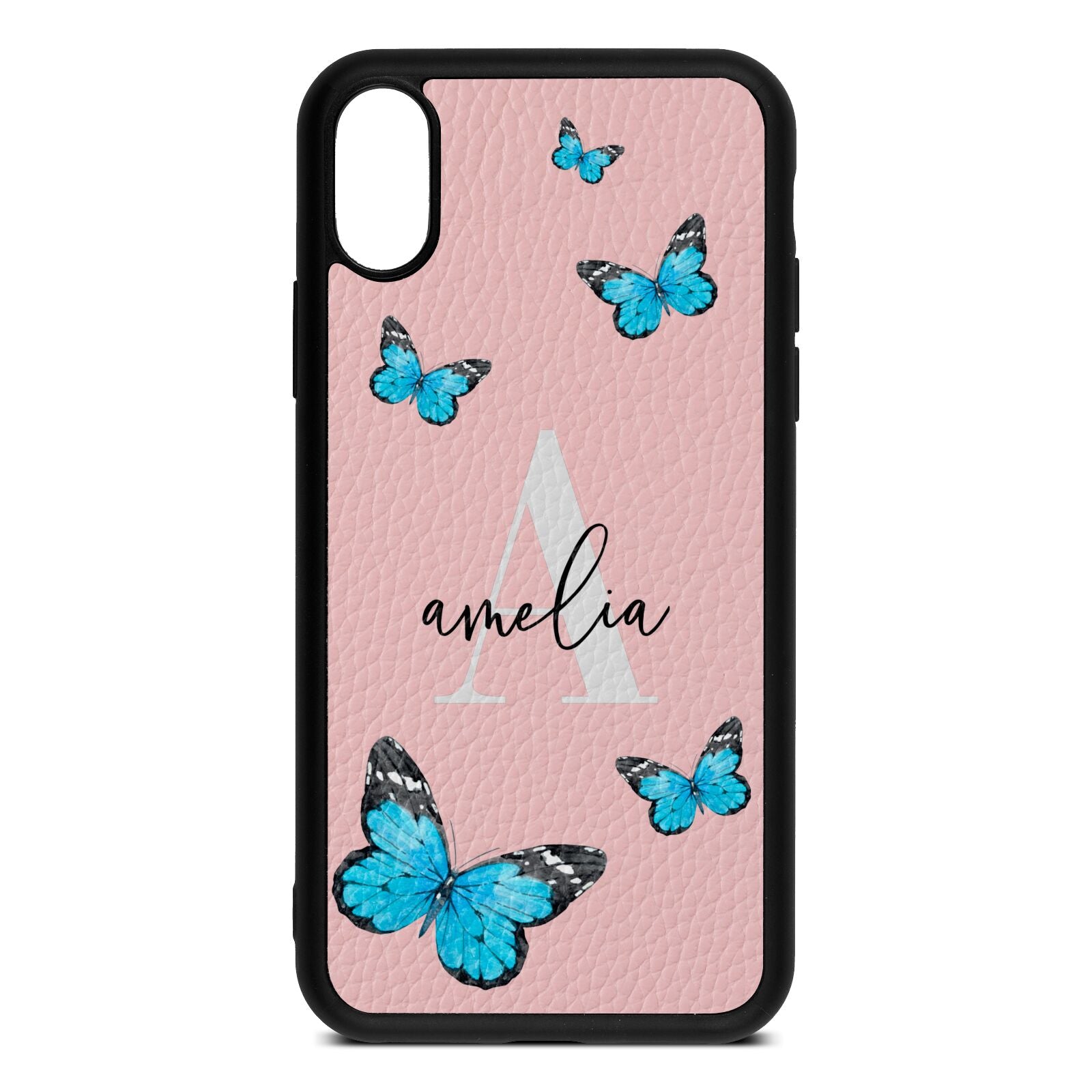 Blue Butterflies with Initial and Name Pink Pebble Leather iPhone Xs Case