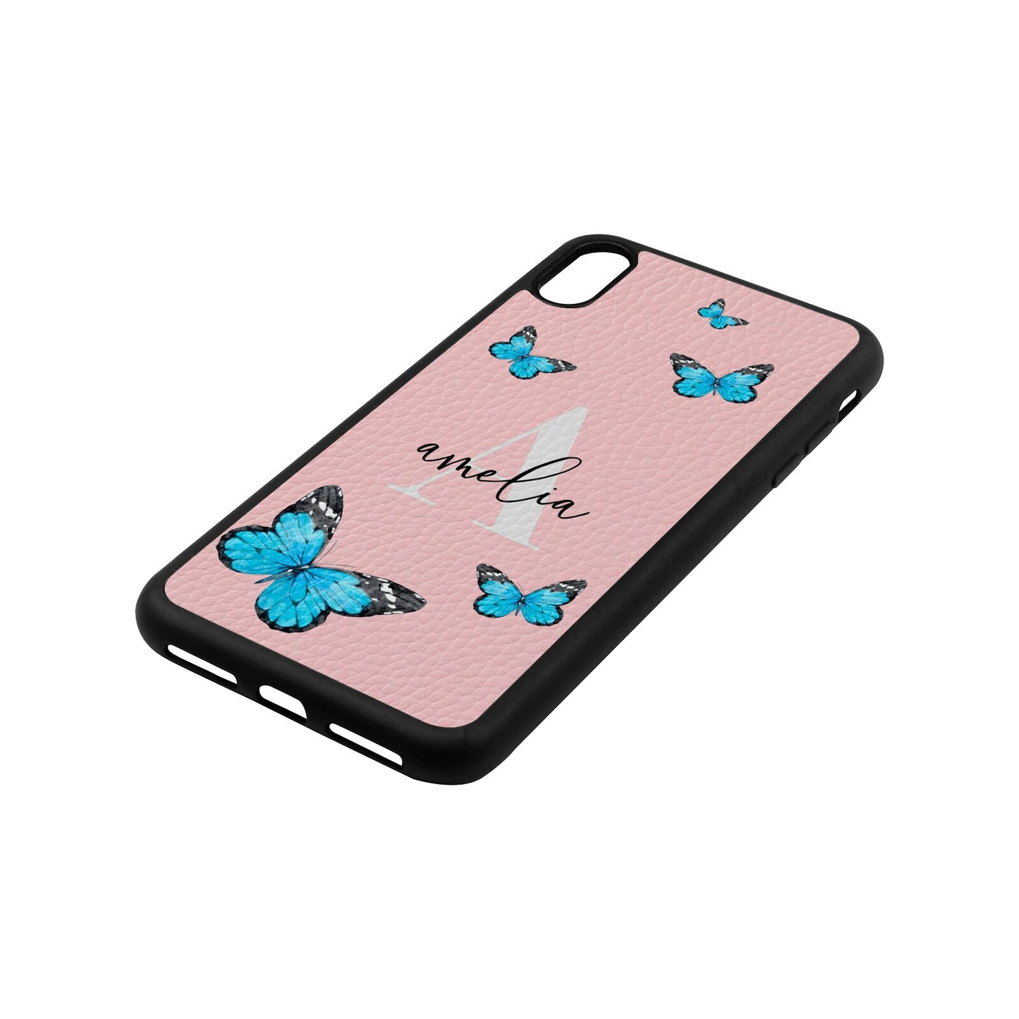 Blue Butterflies with Initial and Name Pink Pebble Leather iPhone Xs Max Case Side Angle
