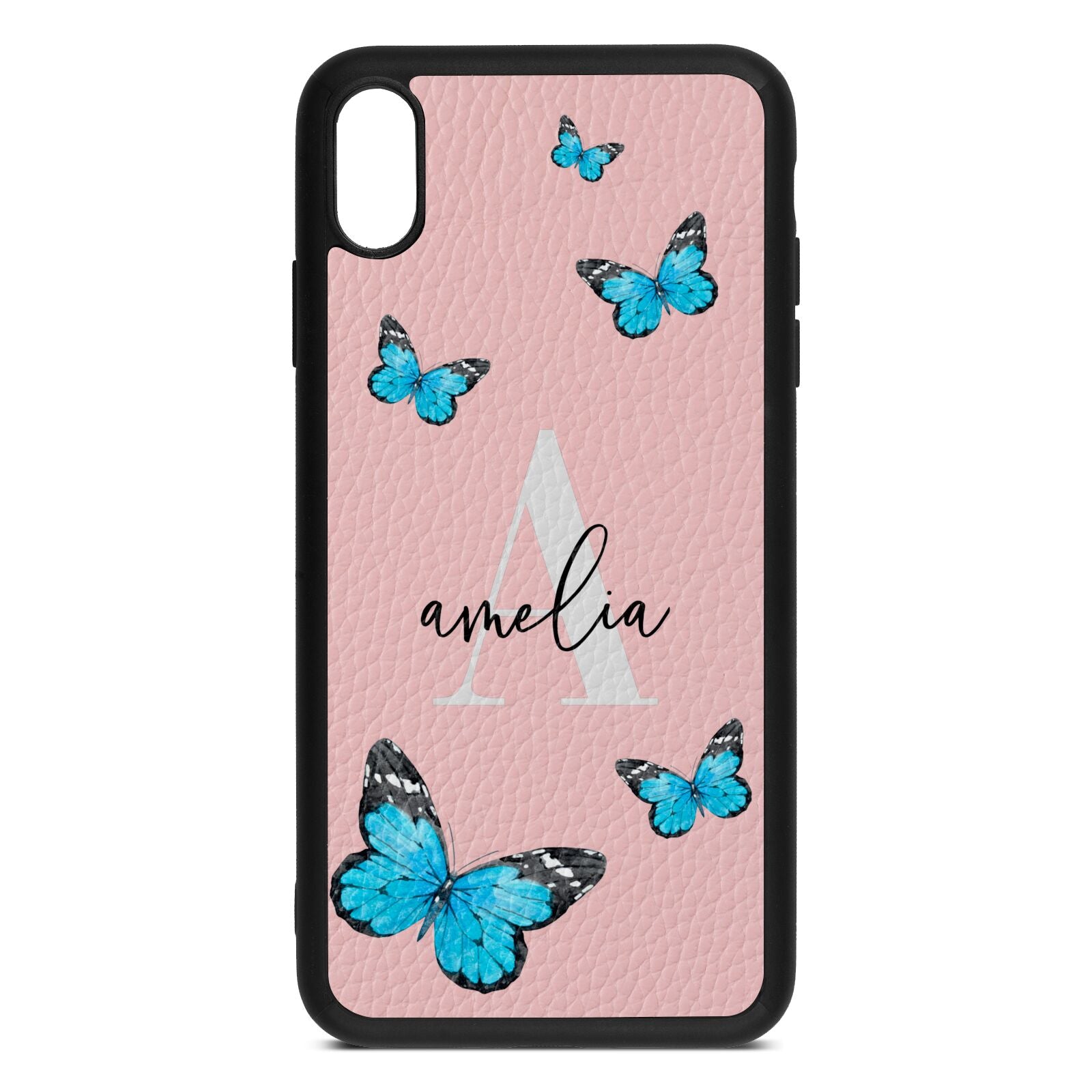 Blue Butterflies with Initial and Name Pink Pebble Leather iPhone Xs Max Case