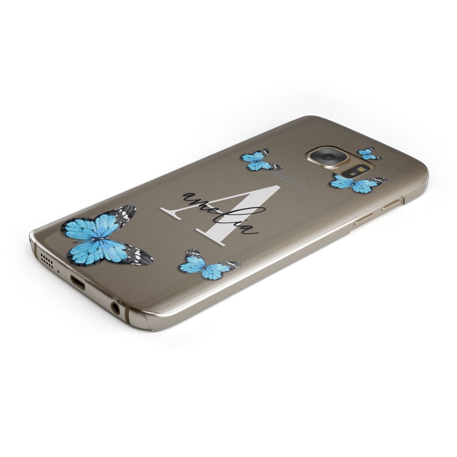 Blue Butterflies with Initial and Name Protective Samsung Galaxy Case Angled Image