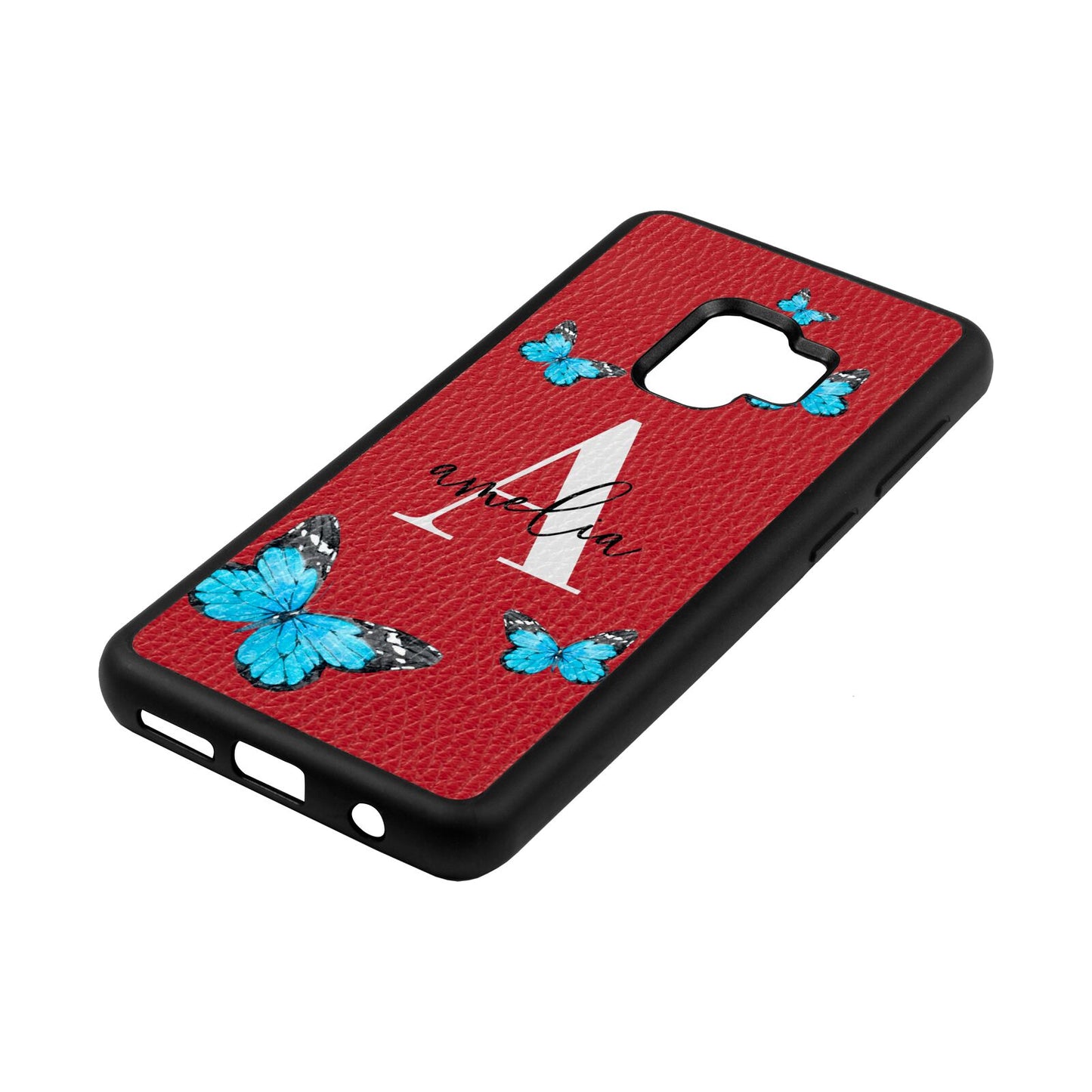 Blue Butterflies with Initial and Name Red Pebble Leather Samsung S9 Case Side Angle