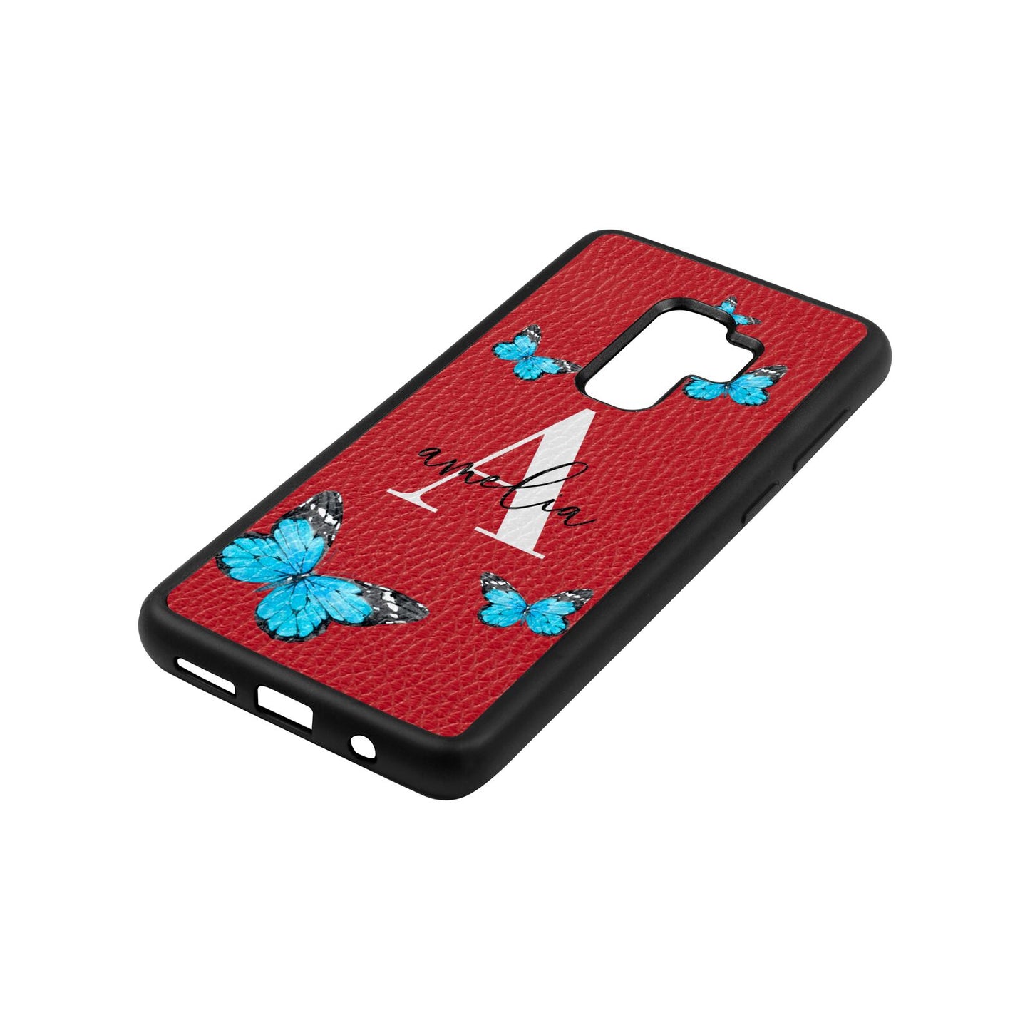 Blue Butterflies with Initial and Name Red Pebble Leather Samsung S9 Plus Case Side Angle