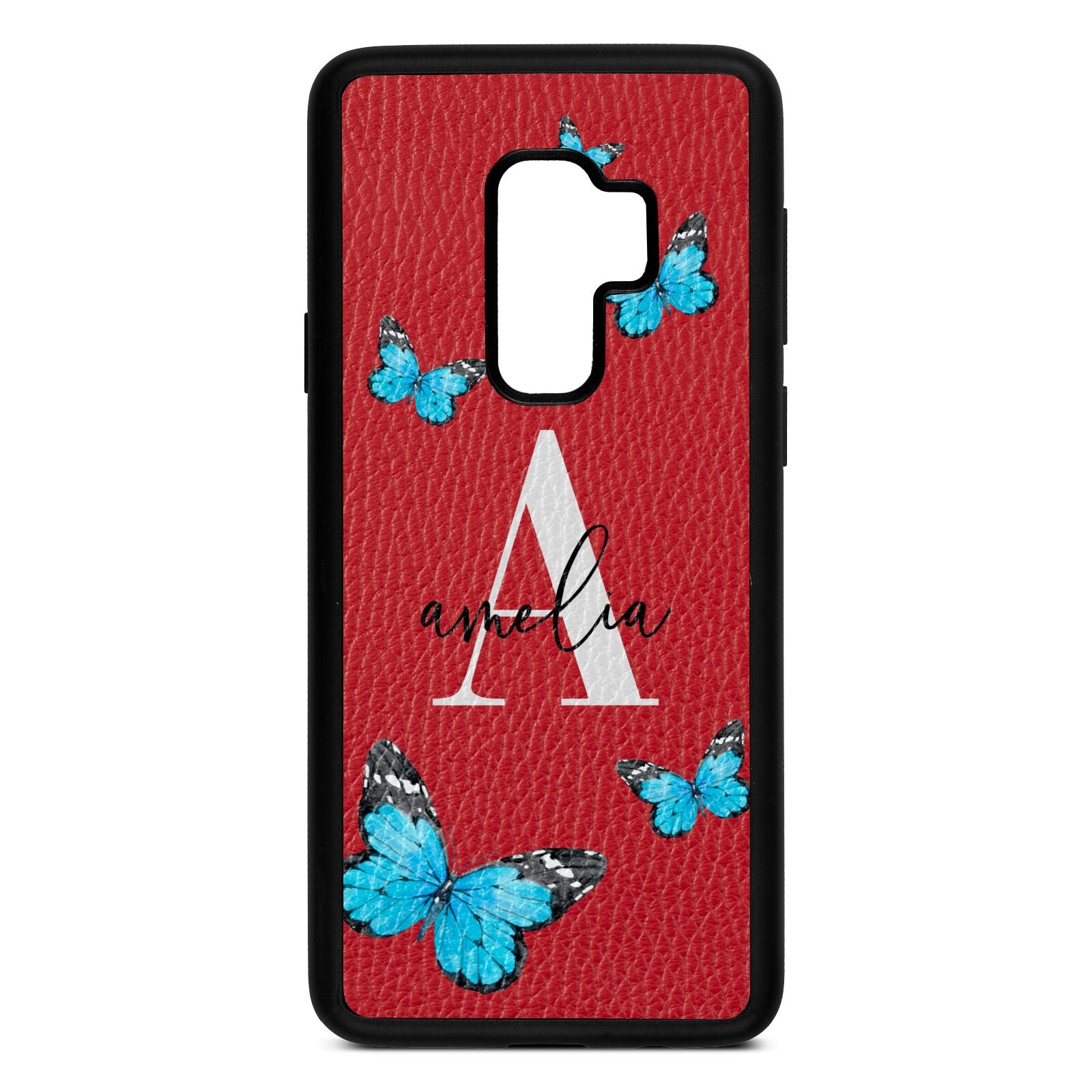 Blue Butterflies with Initial and Name Red Pebble Leather Samsung S9 Plus Case