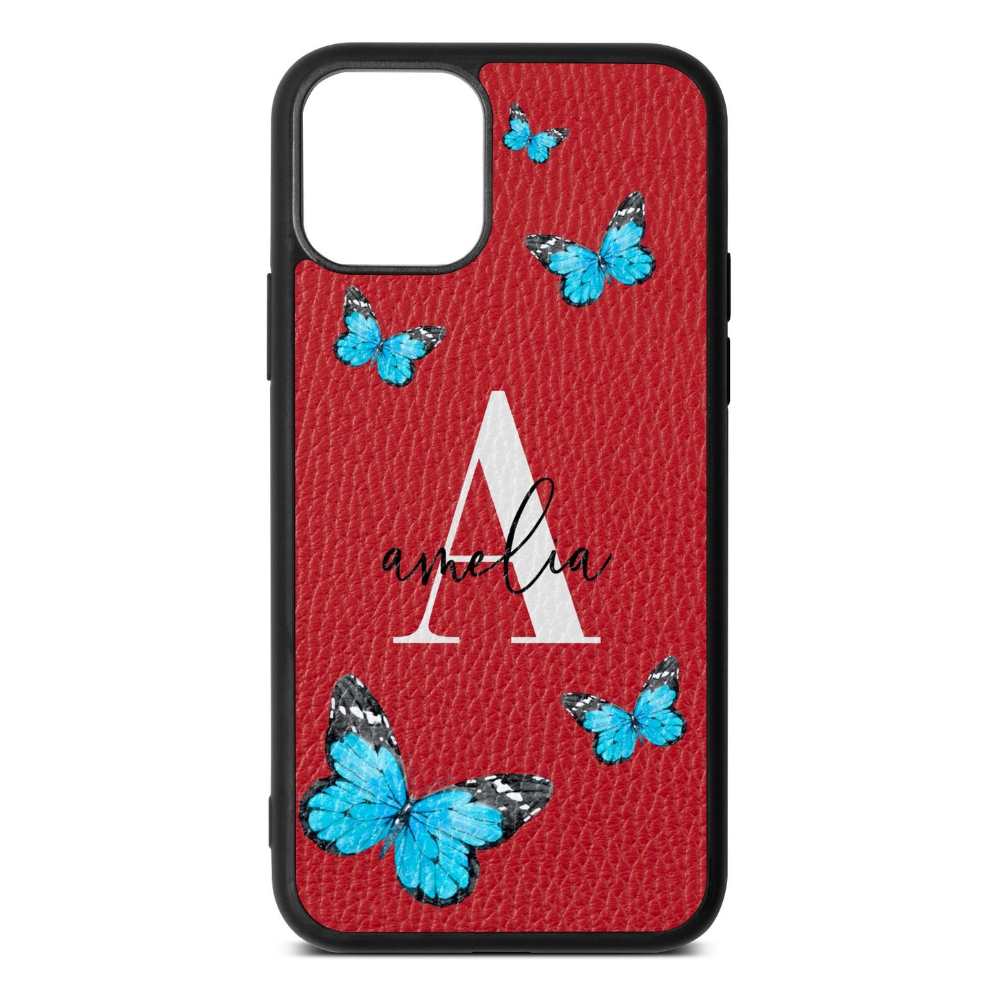 Blue Butterflies with Initial and Name Red Pebble Leather iPhone 11 Case