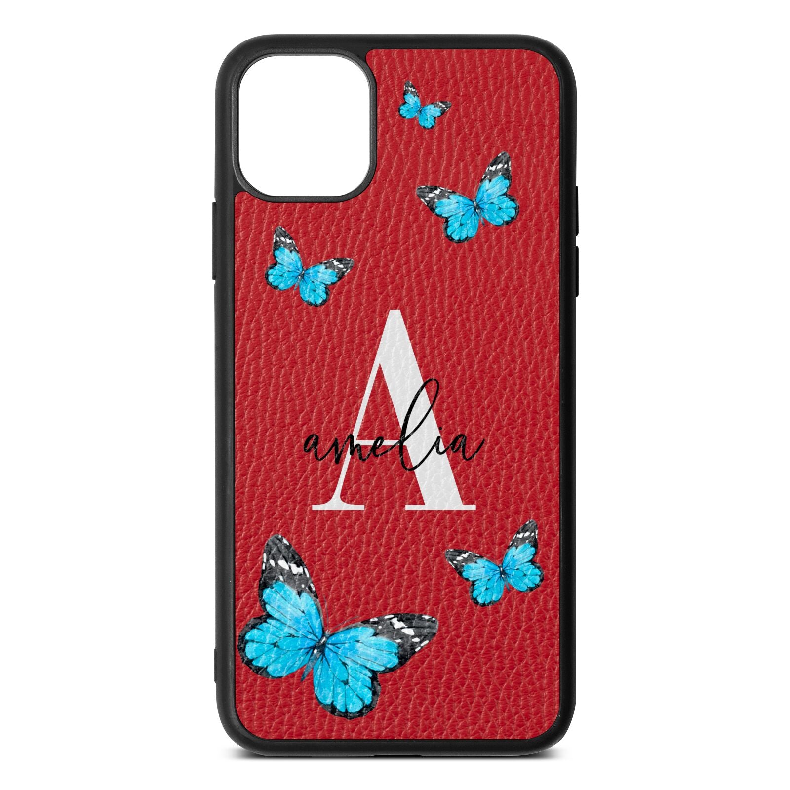 Blue Butterflies with Initial and Name Red Pebble Leather iPhone 11 Pro Max Case