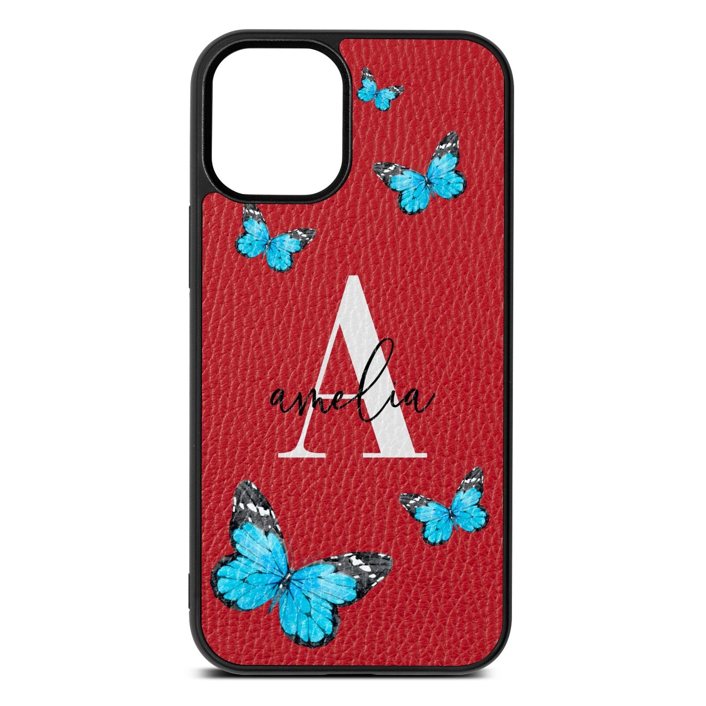 Blue Butterflies with Initial and Name Red Pebble Leather iPhone 12 Mini Case