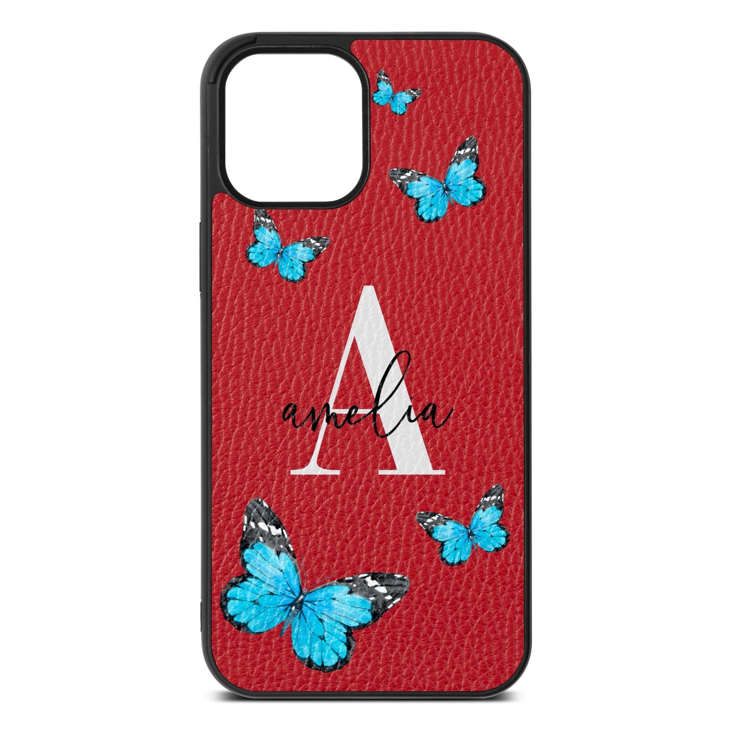 Blue Butterflies with Initial and Name Red Pebble Leather iPhone 12 Pro Max Case