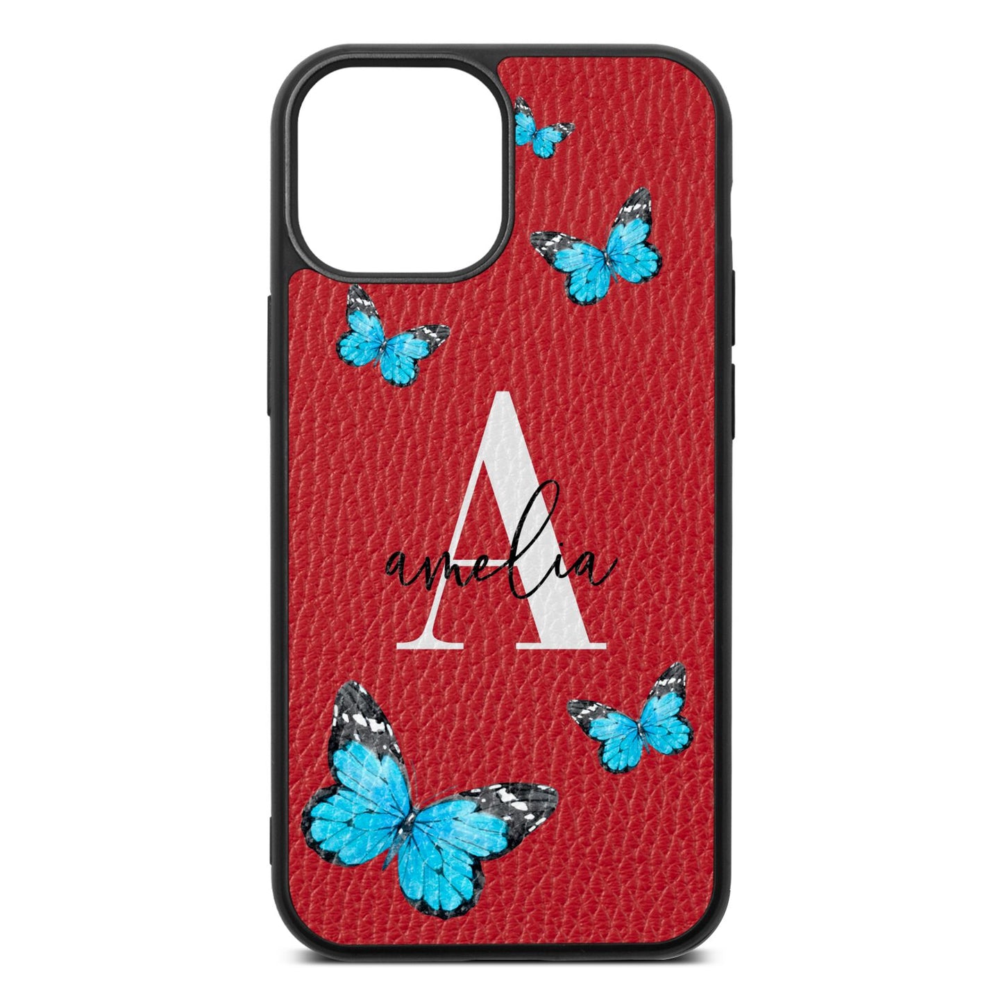 Blue Butterflies with Initial and Name Red Pebble Leather iPhone 13 Mini Case