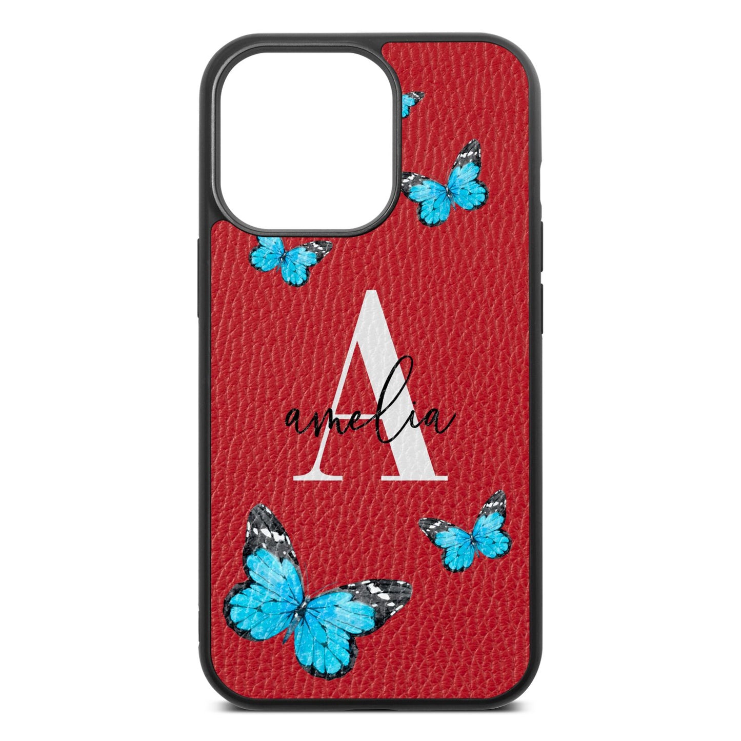 Blue Butterflies with Initial and Name Red Pebble Leather iPhone 13 Pro Case