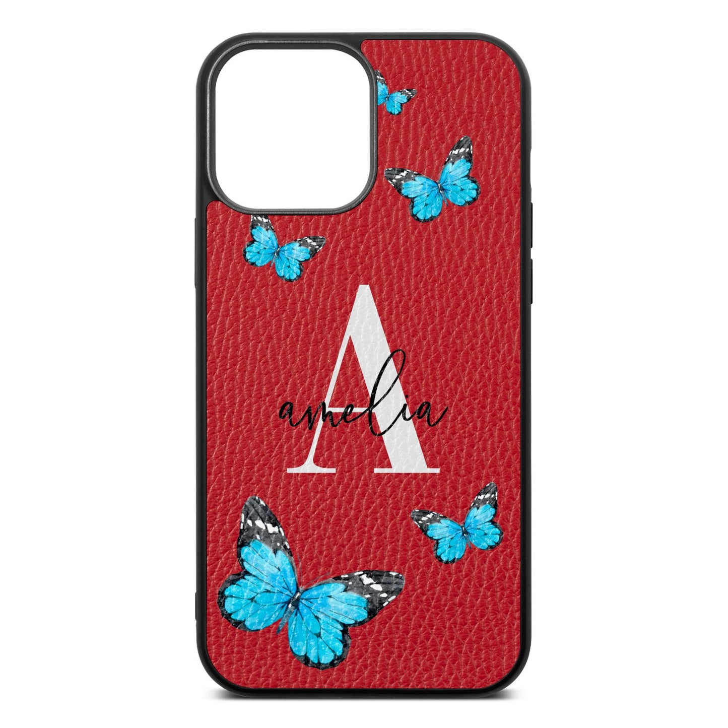 Blue Butterflies with Initial and Name Red Pebble Leather iPhone 13 Pro Max Case