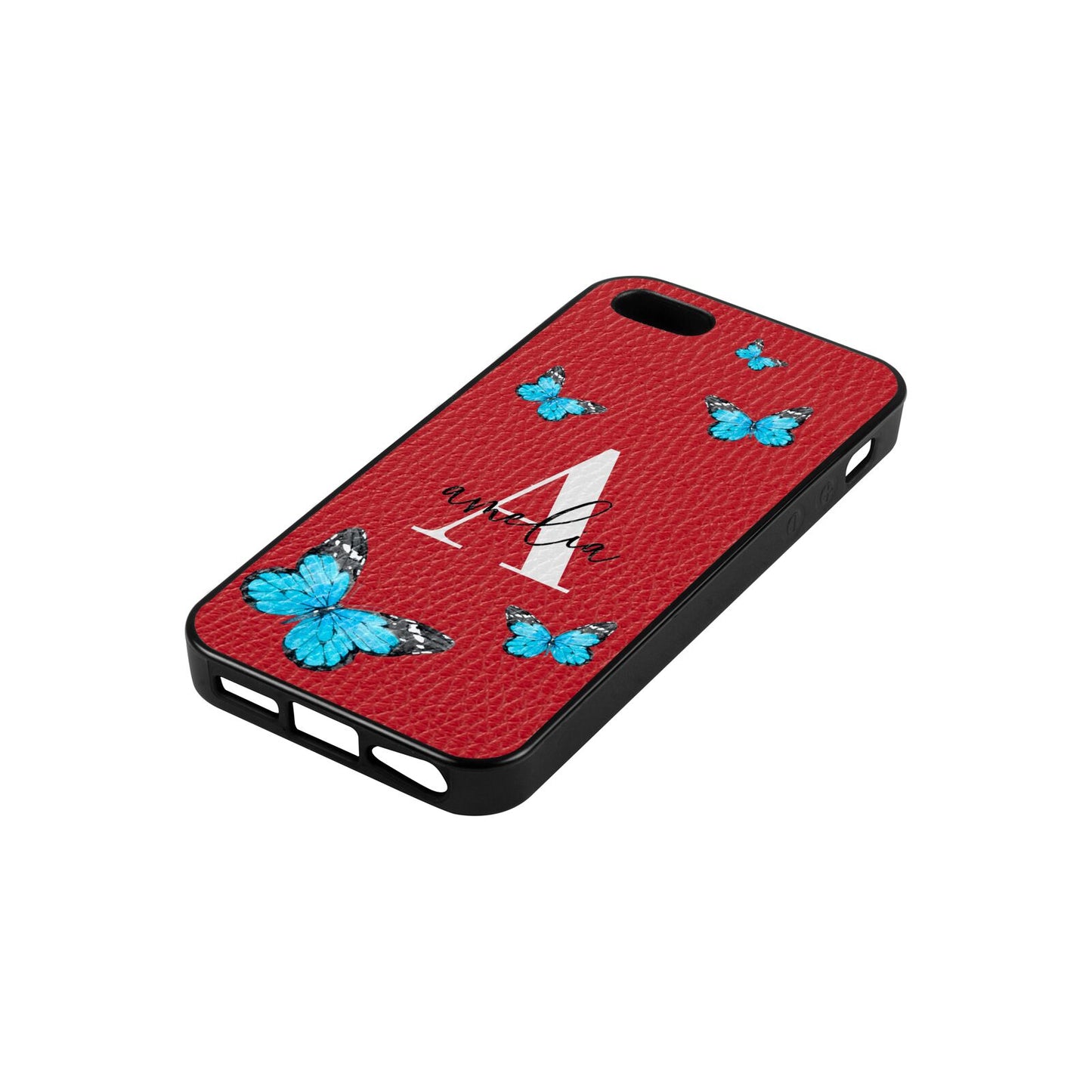 Blue Butterflies with Initial and Name Red Pebble Leather iPhone 5 Case Side Angle