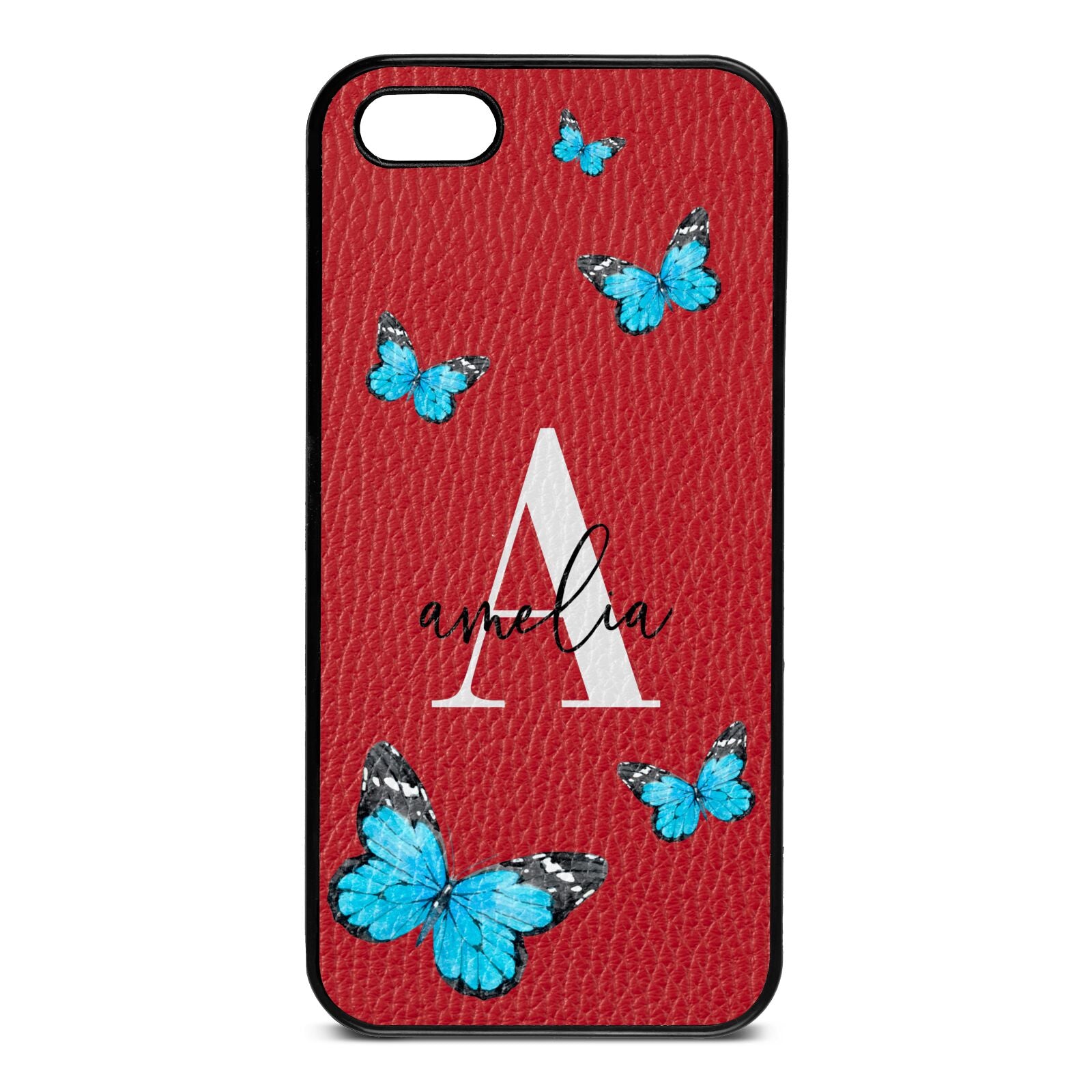 Blue Butterflies with Initial and Name Red Pebble Leather iPhone 5 Case