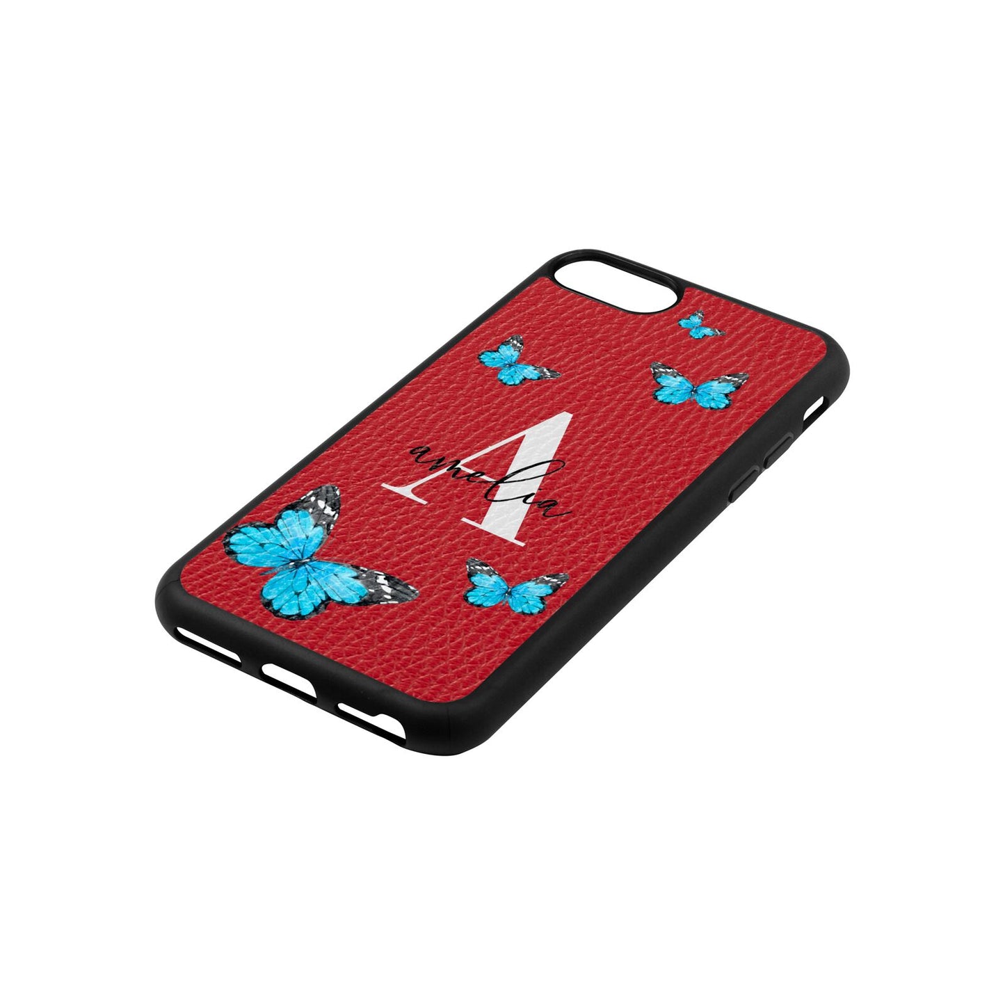 Blue Butterflies with Initial and Name Red Pebble Leather iPhone 8 Case Side Angle