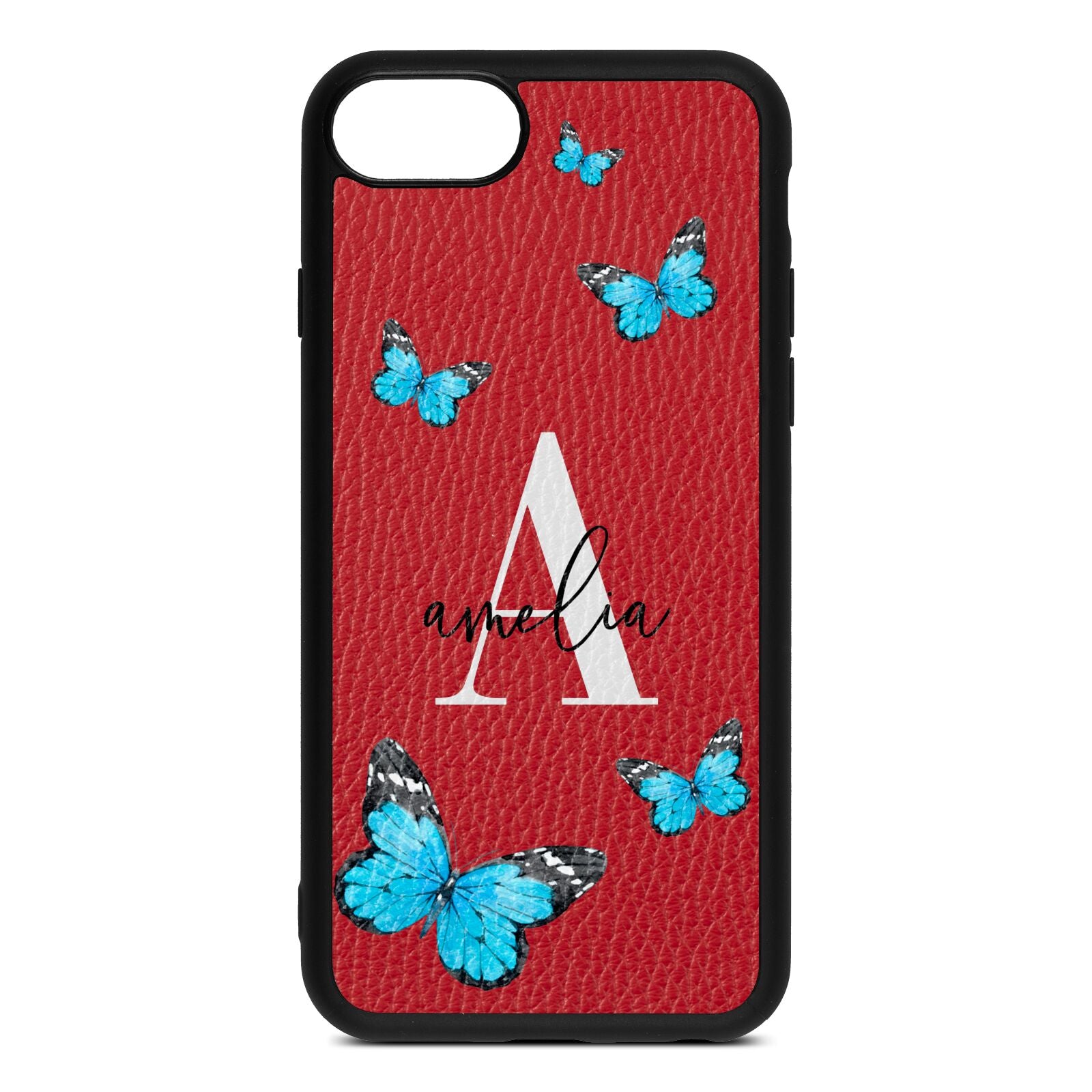 Blue Butterflies with Initial and Name Red Pebble Leather iPhone 8 Case