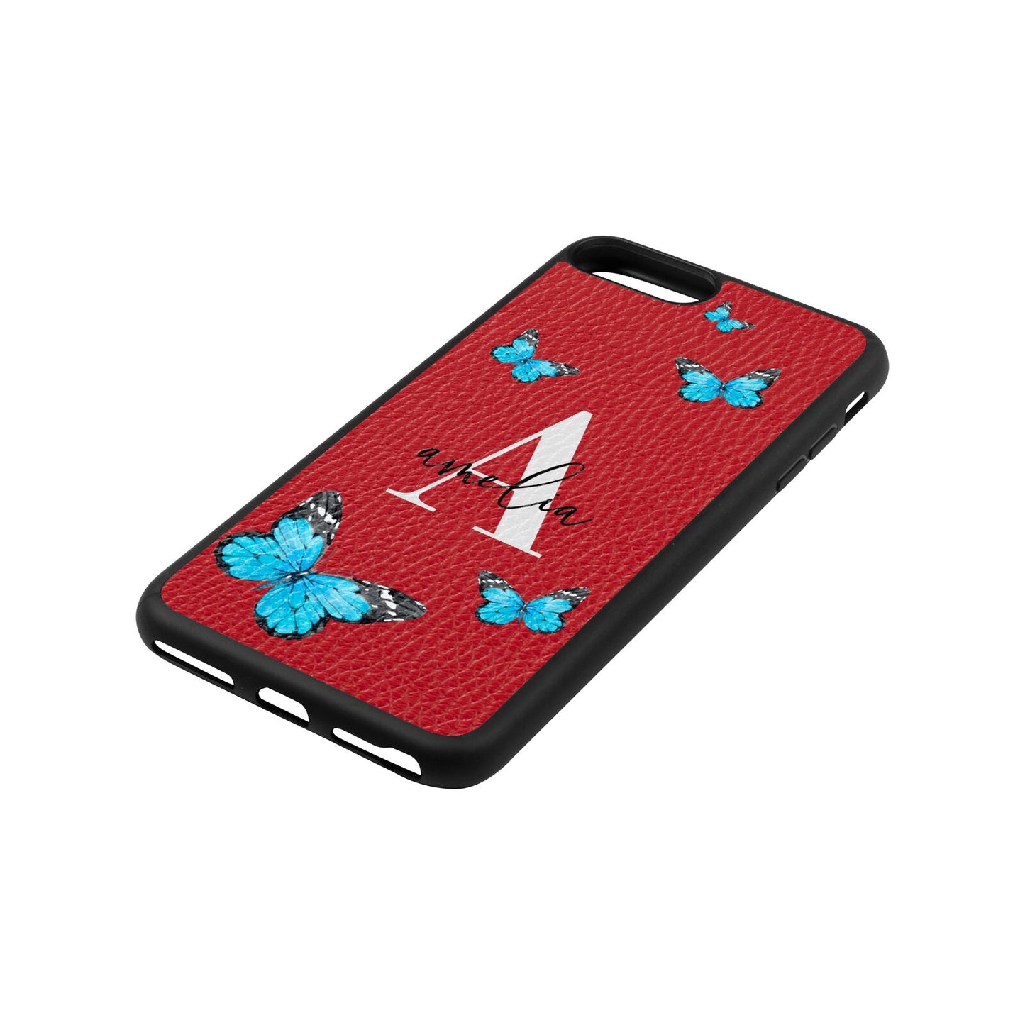 Blue Butterflies with Initial and Name Red Pebble Leather iPhone 8 Plus Case Side Angle