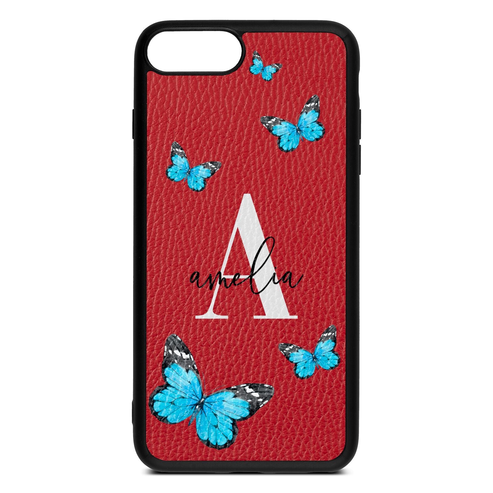 Blue Butterflies with Initial and Name Red Pebble Leather iPhone 8 Plus Case