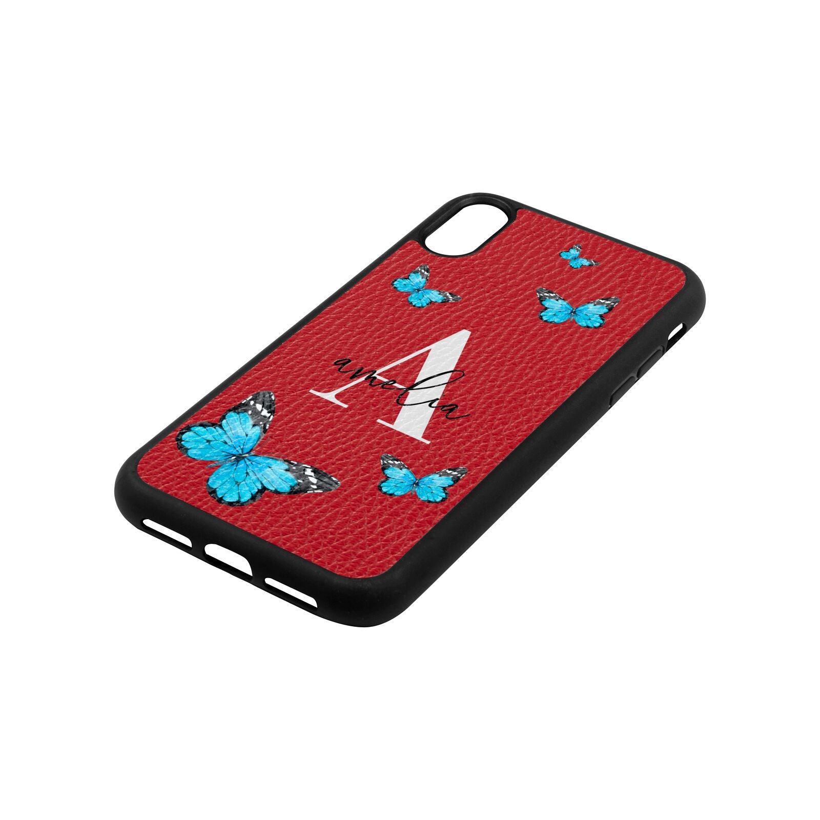 Blue Butterflies with Initial and Name Red Pebble Leather iPhone Xr Case Side Angle