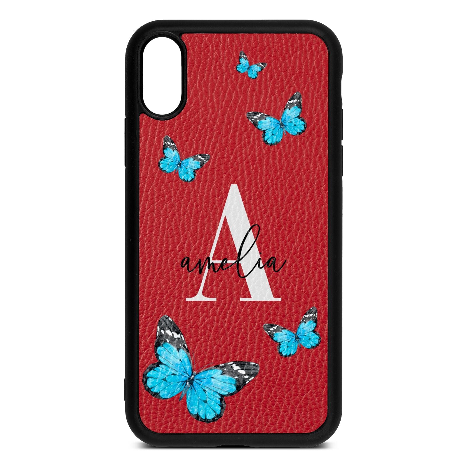 Blue Butterflies with Initial and Name Red Pebble Leather iPhone Xr Case