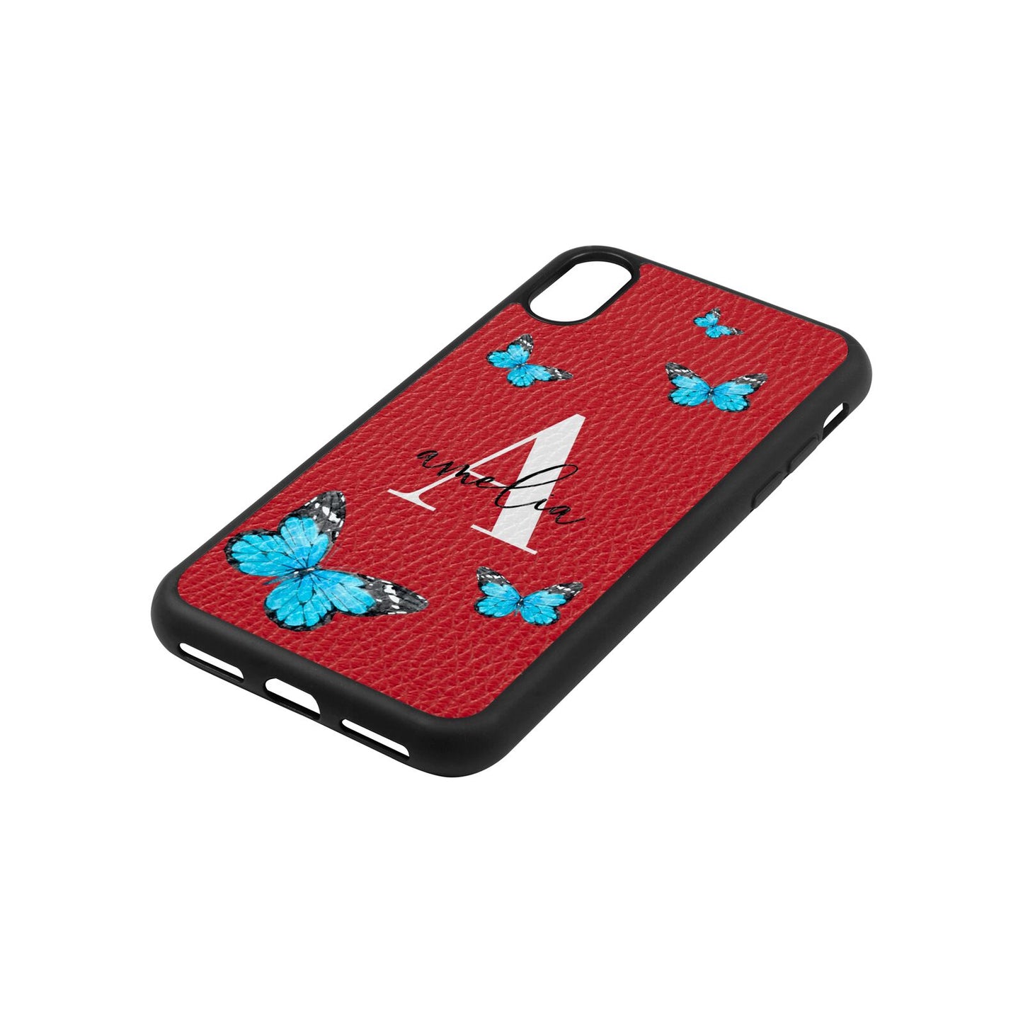 Blue Butterflies with Initial and Name Red Pebble Leather iPhone Xs Case Side Angle