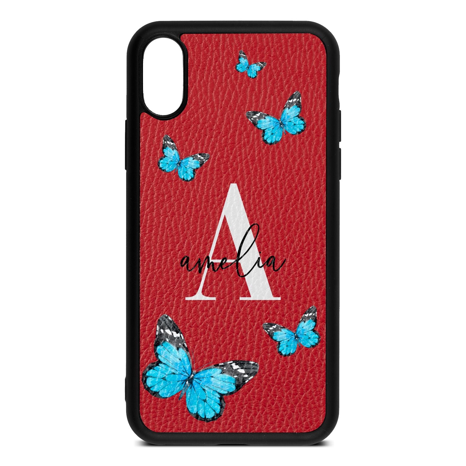 Blue Butterflies with Initial and Name Red Pebble Leather iPhone Xs Case