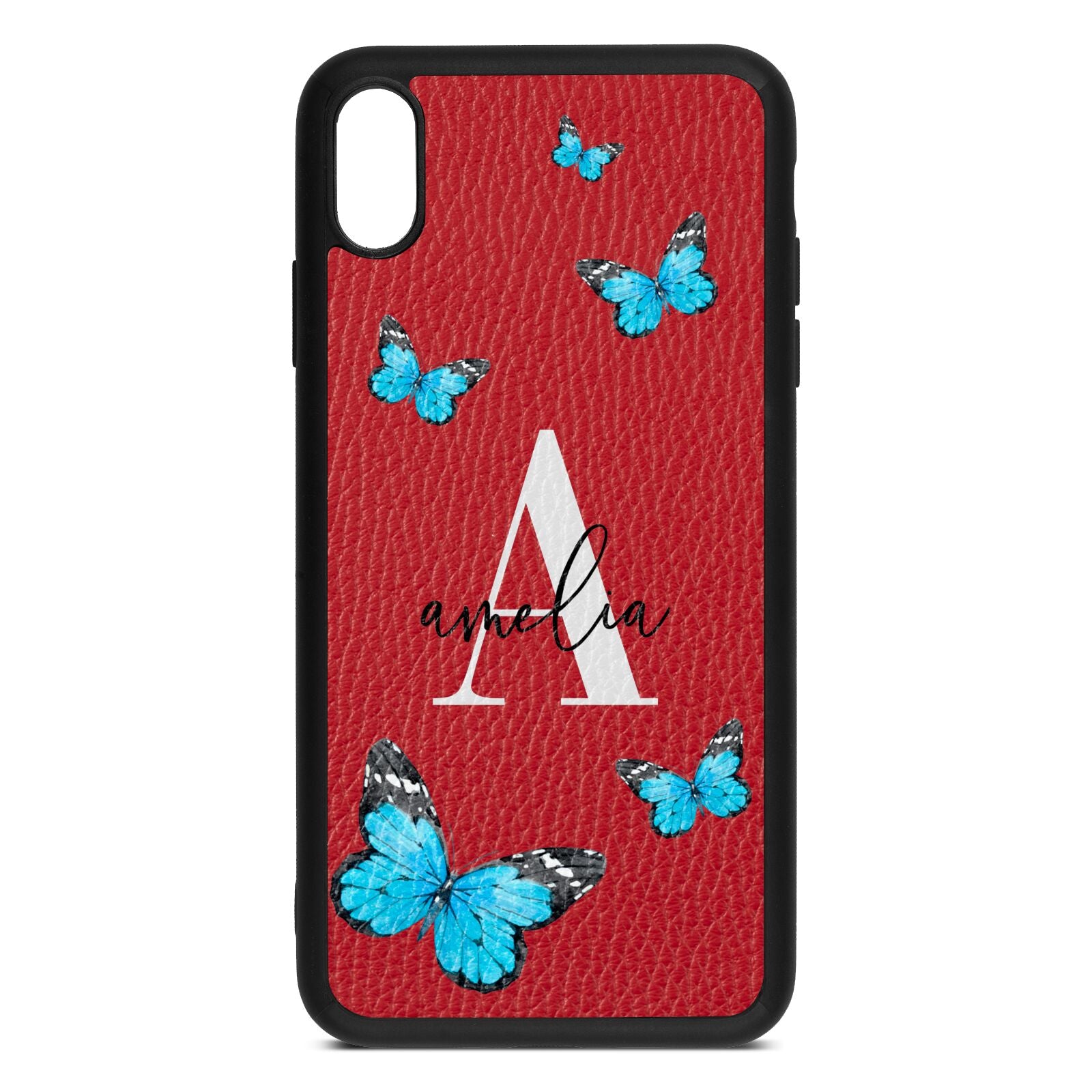 Blue Butterflies with Initial and Name Red Pebble Leather iPhone Xs Max Case