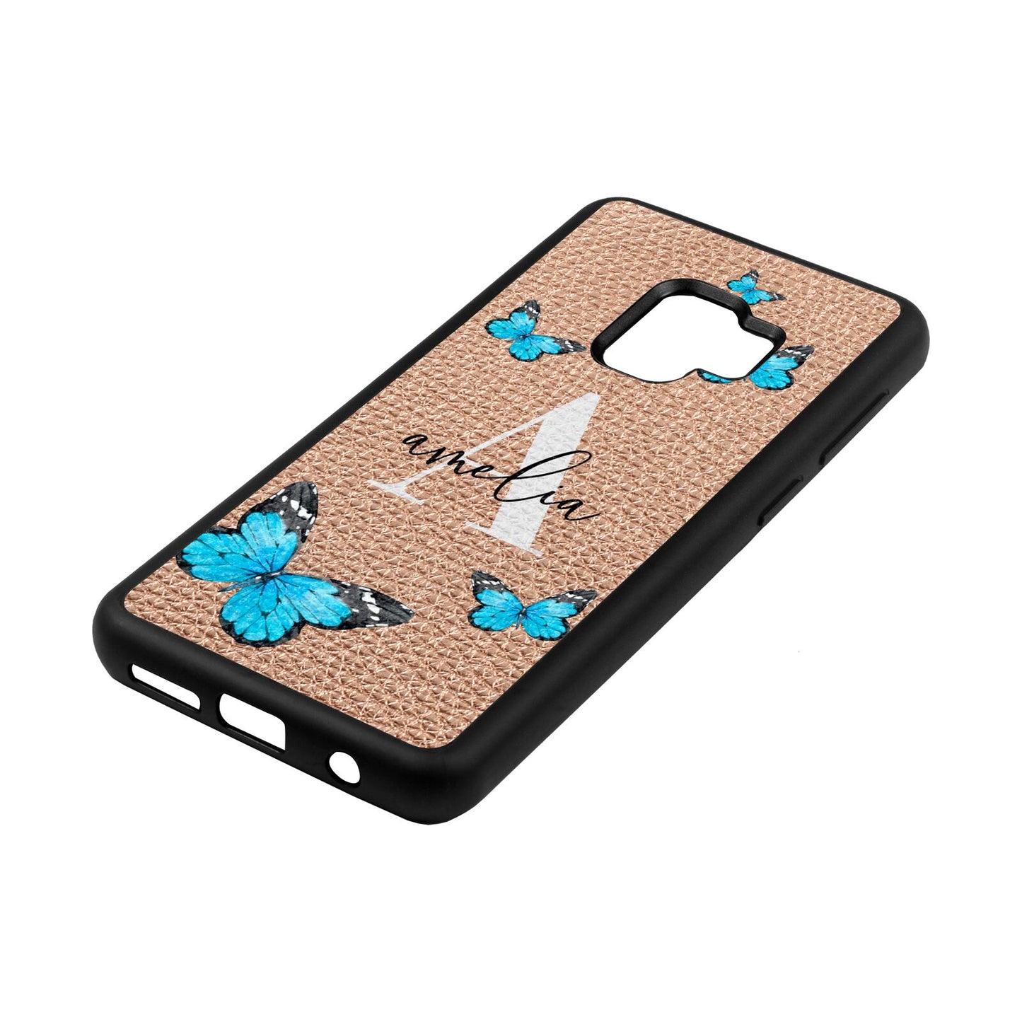 Blue Butterflies with Initial and Name Rose Gold Pebble Leather Samsung S9 Case Side Angle