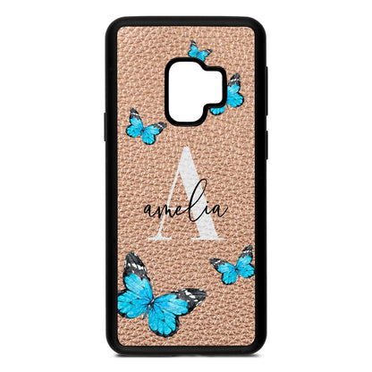 Blue Butterflies with Initial and Name Rose Gold Pebble Leather Samsung S9 Case