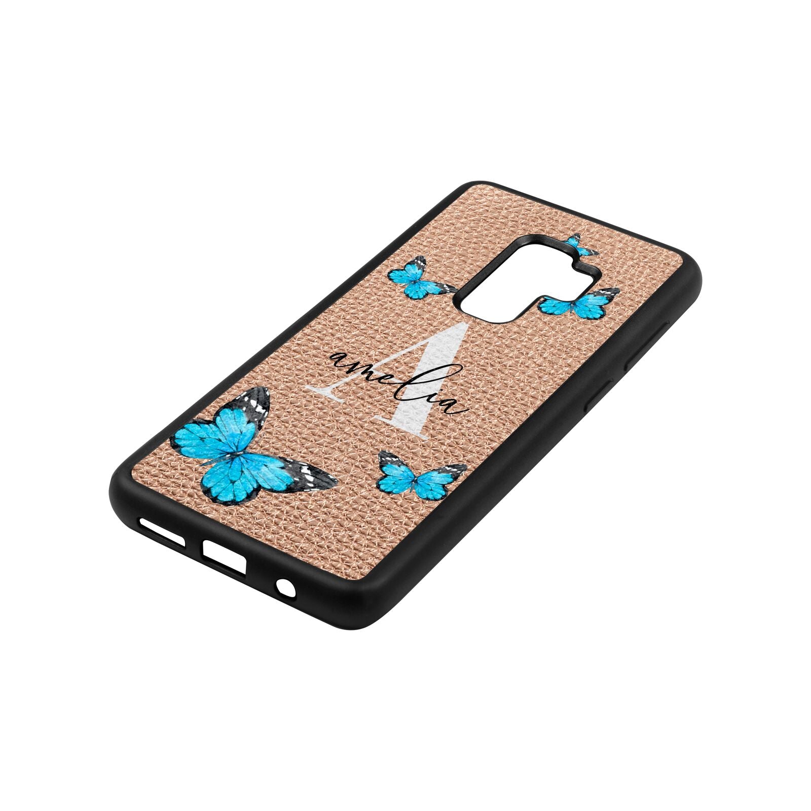 Blue Butterflies with Initial and Name Rose Gold Pebble Leather Samsung S9 Plus Case Side Angle