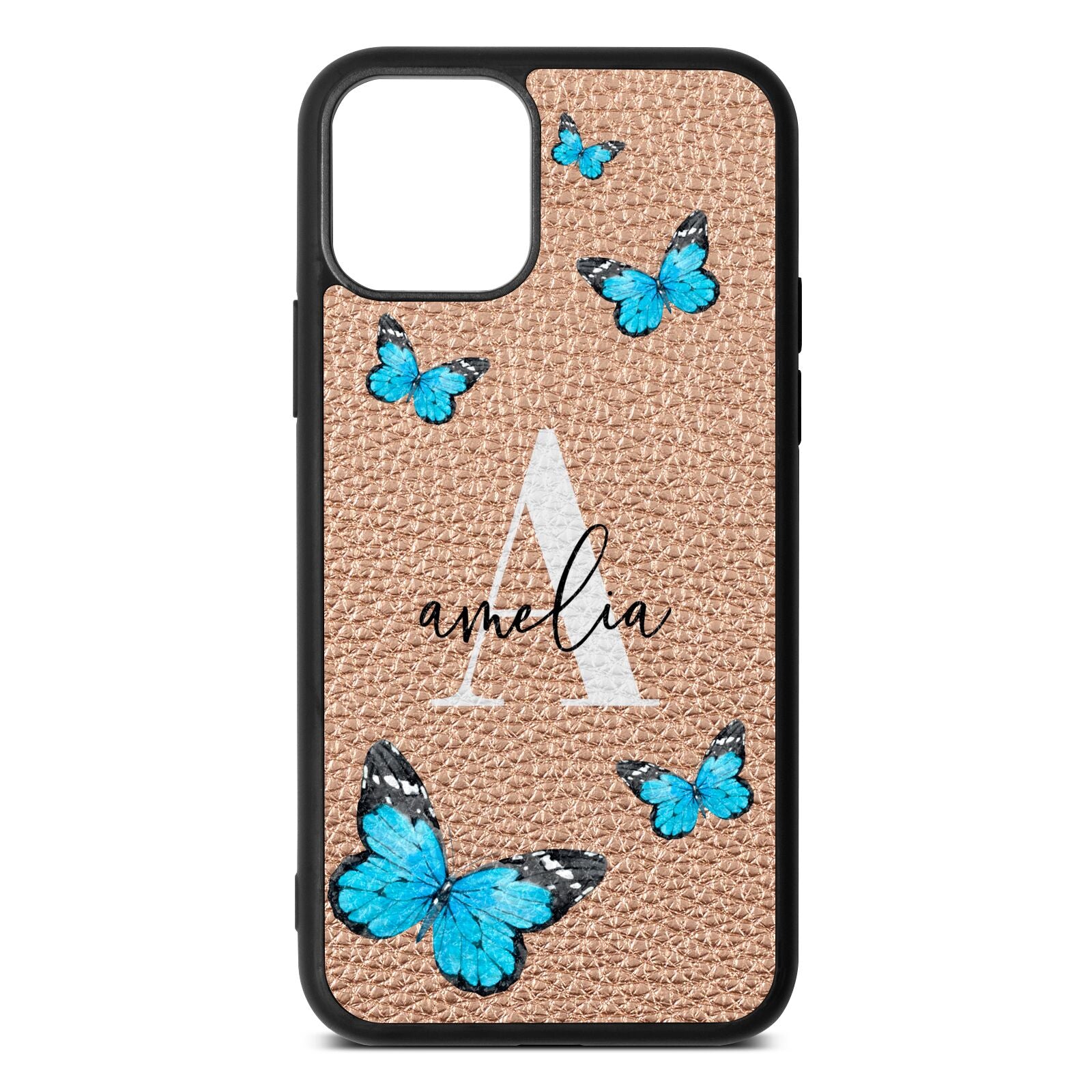 Blue Butterflies with Initial and Name Rose Gold Pebble Leather iPhone 11 Case