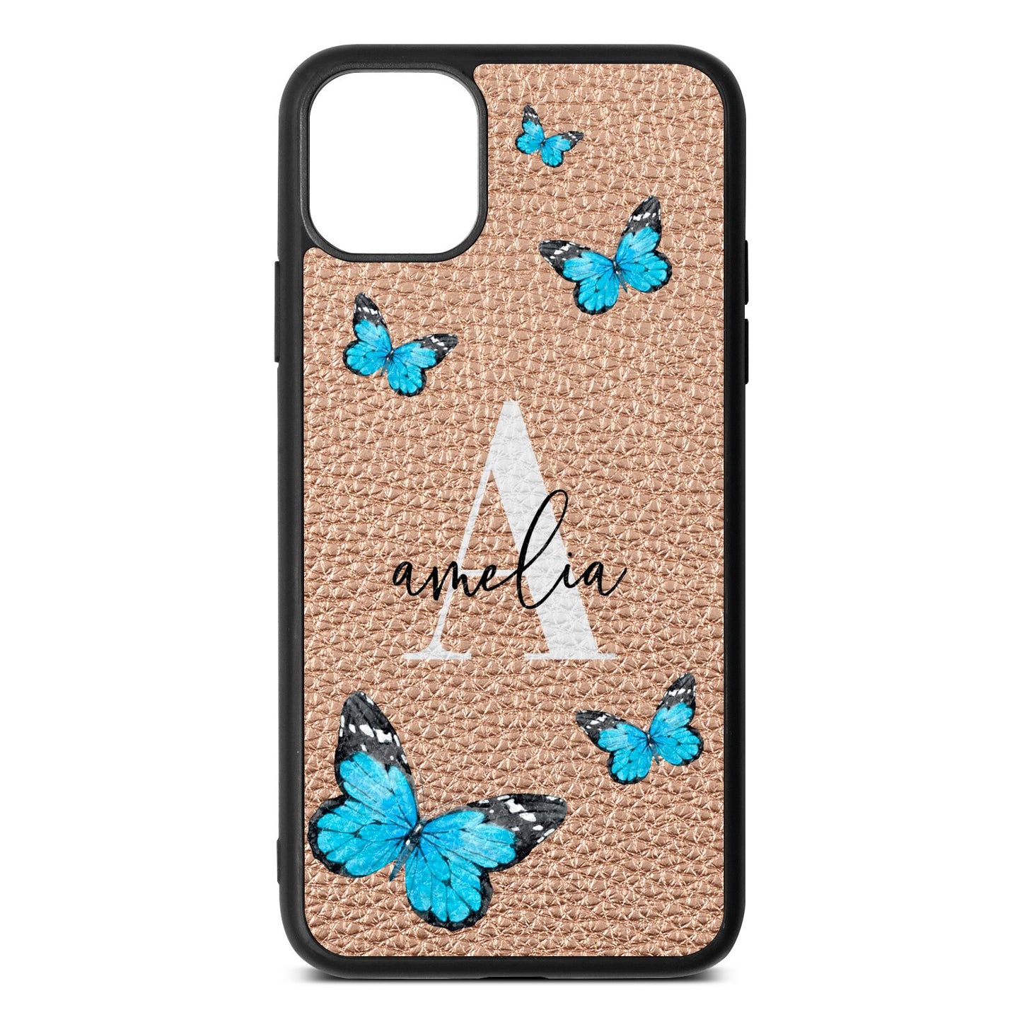 Blue Butterflies with Initial and Name Rose Gold Pebble Leather iPhone 11 Pro Max Case