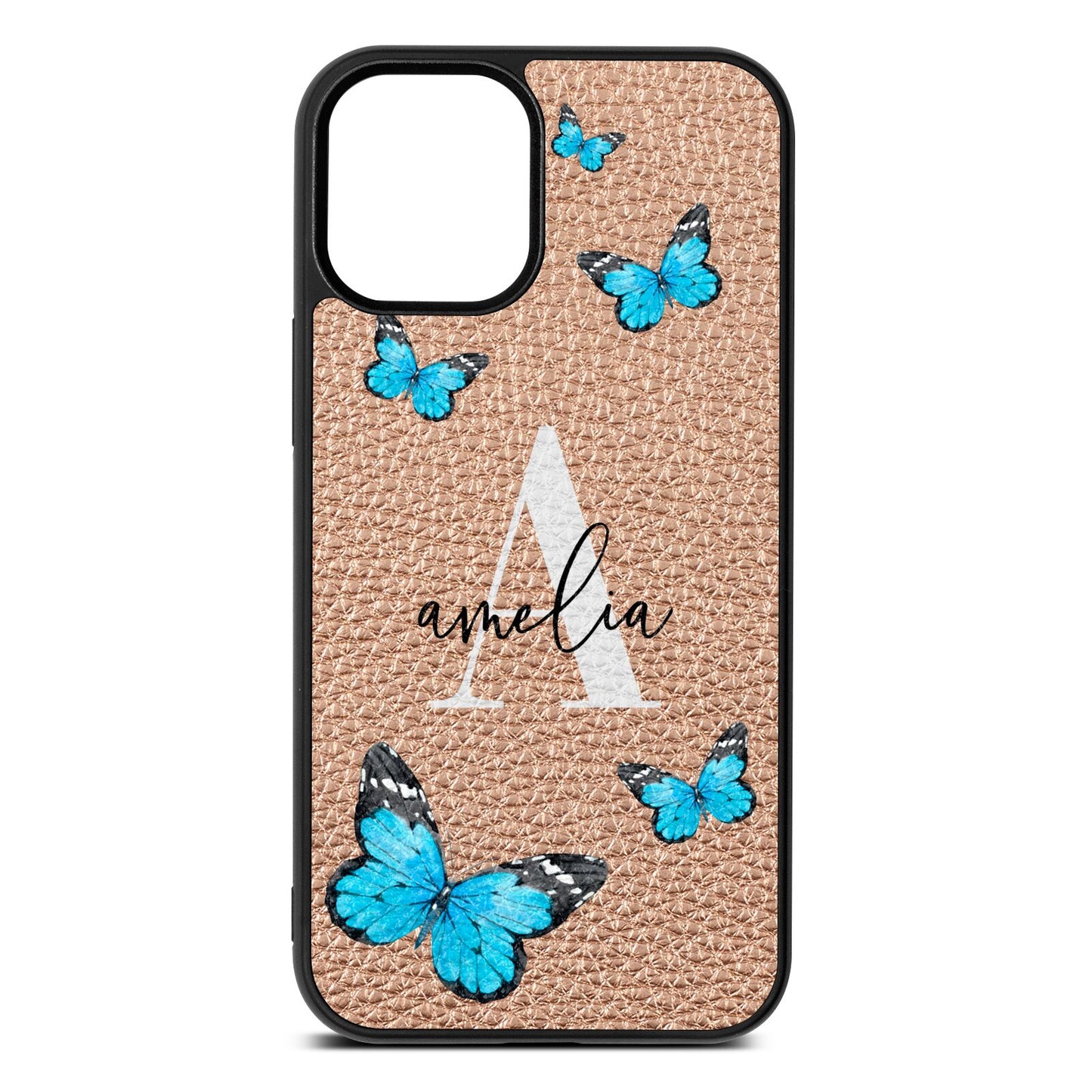 Blue Butterflies with Initial and Name Rose Gold Pebble Leather iPhone 12 Mini Case