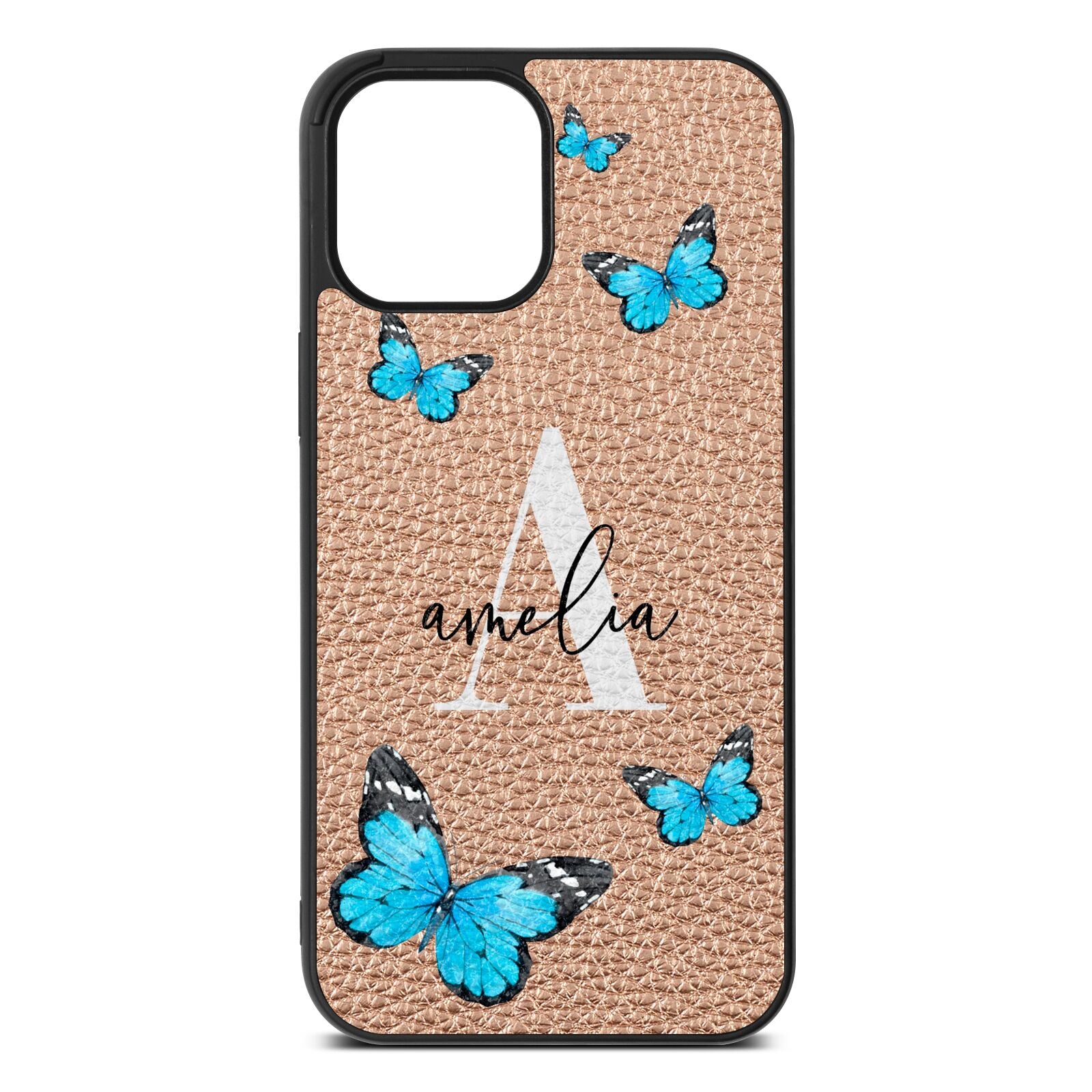 Blue Butterflies with Initial and Name Rose Gold Pebble Leather iPhone 12 Pro Max Case