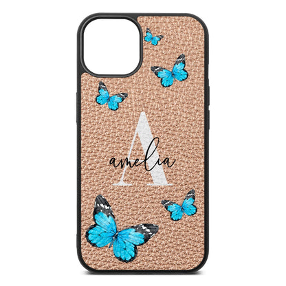 Blue Butterflies with Initial and Name Rose Gold Pebble Leather iPhone 13 Case