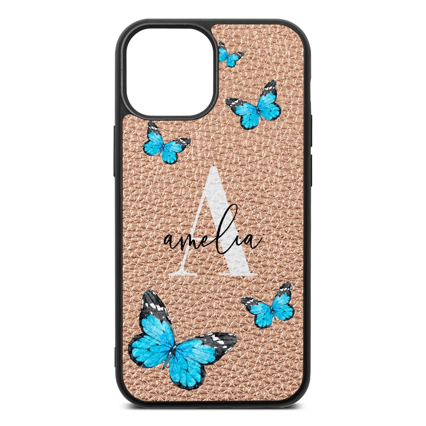 Blue Butterflies with Initial and Name Rose Gold Pebble Leather iPhone 13 Mini Case