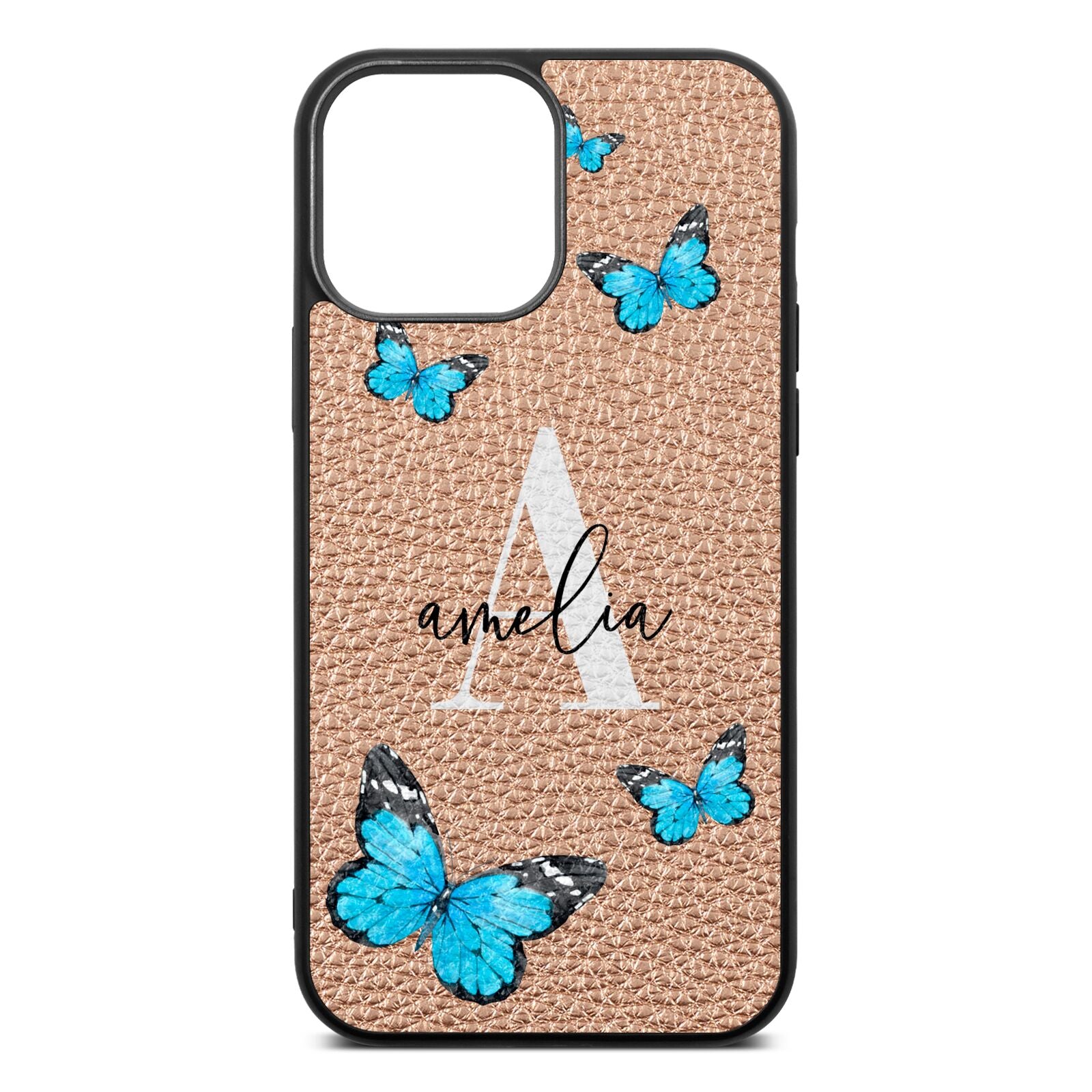 Blue Butterflies with Initial and Name Rose Gold Pebble Leather iPhone 13 Pro Max Case