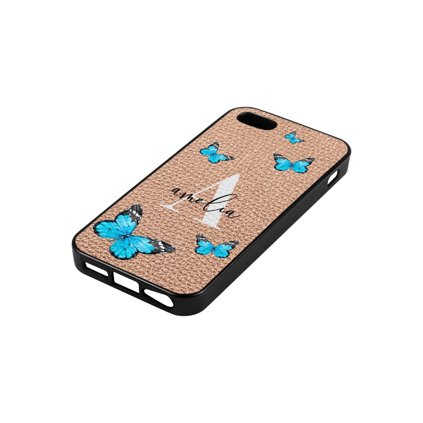 Blue Butterflies with Initial and Name Rose Gold Pebble Leather iPhone 5 Case Side Angle