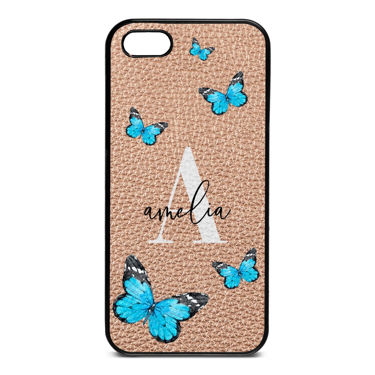 Blue Butterflies with Initial and Name Rose Gold Pebble Leather iPhone 5 Case