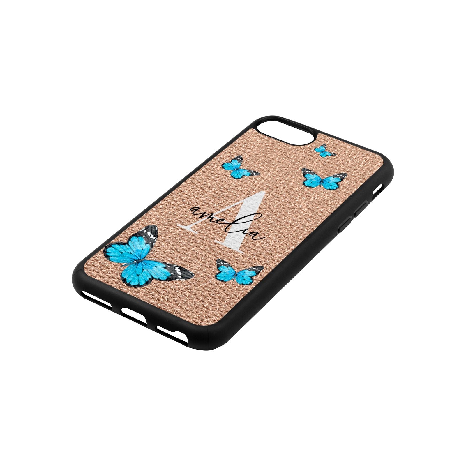 Blue Butterflies with Initial and Name Rose Gold Pebble Leather iPhone 8 Case Side Angle