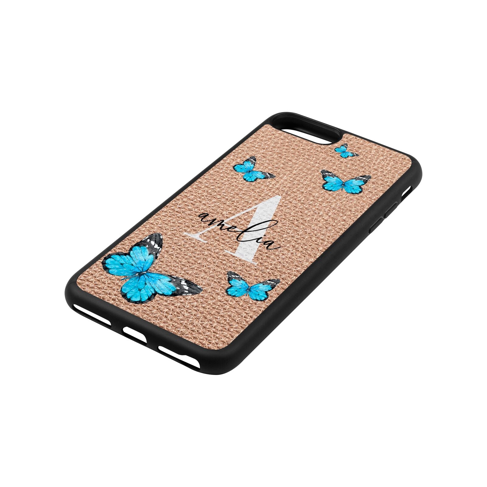 Blue Butterflies with Initial and Name Rose Gold Pebble Leather iPhone 8 Plus Case Side Angle