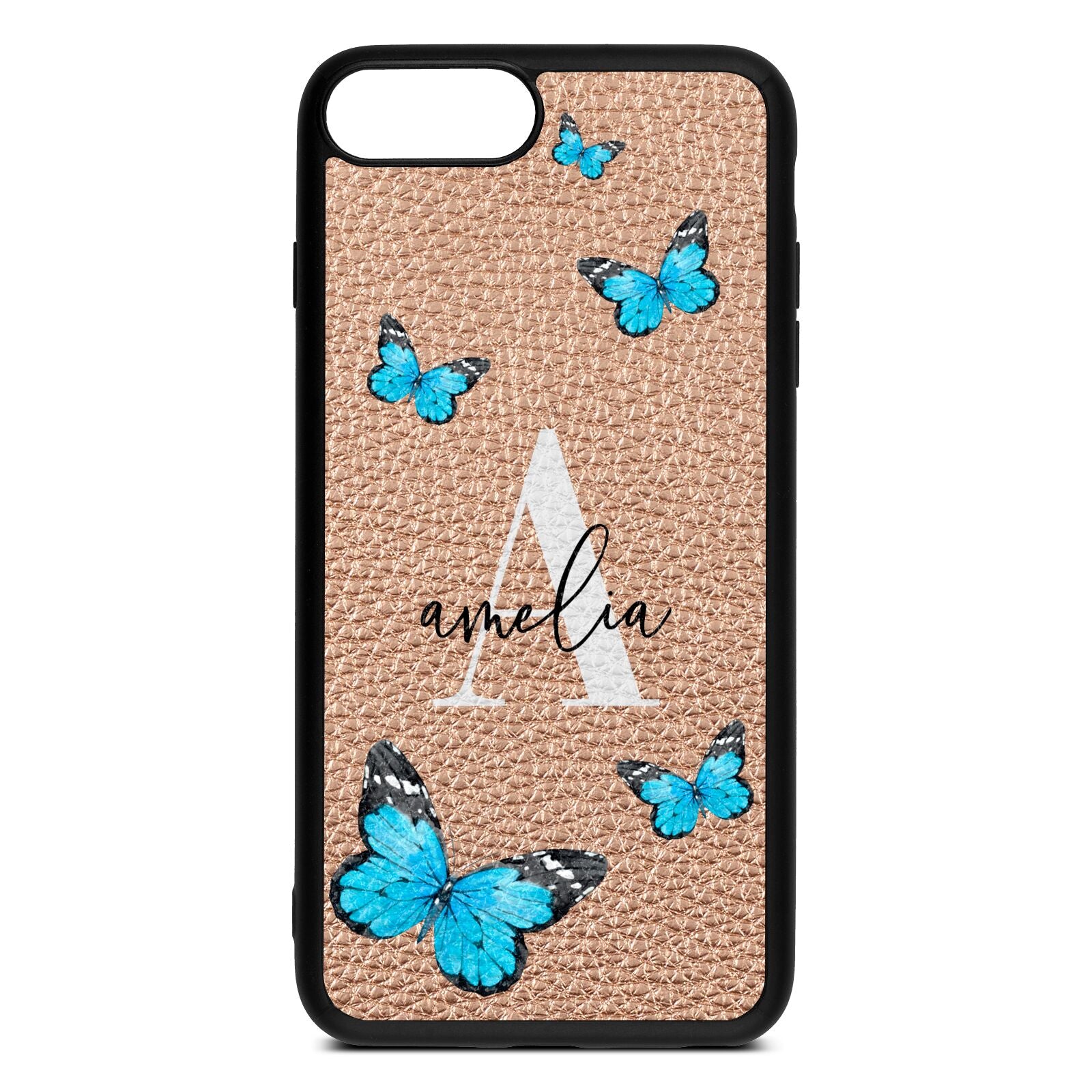 Blue Butterflies with Initial and Name Rose Gold Pebble Leather iPhone 8 Plus Case