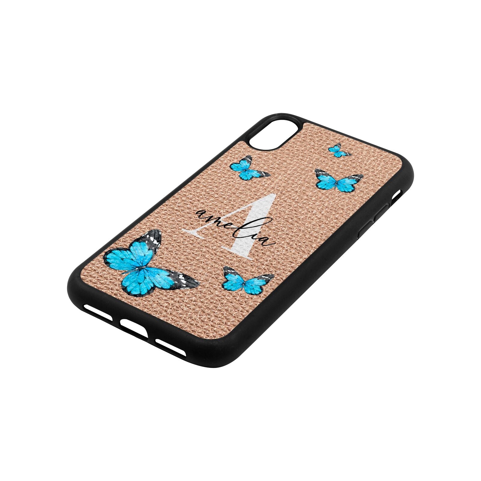 Blue Butterflies with Initial and Name Rose Gold Pebble Leather iPhone Xr Case Side Angle