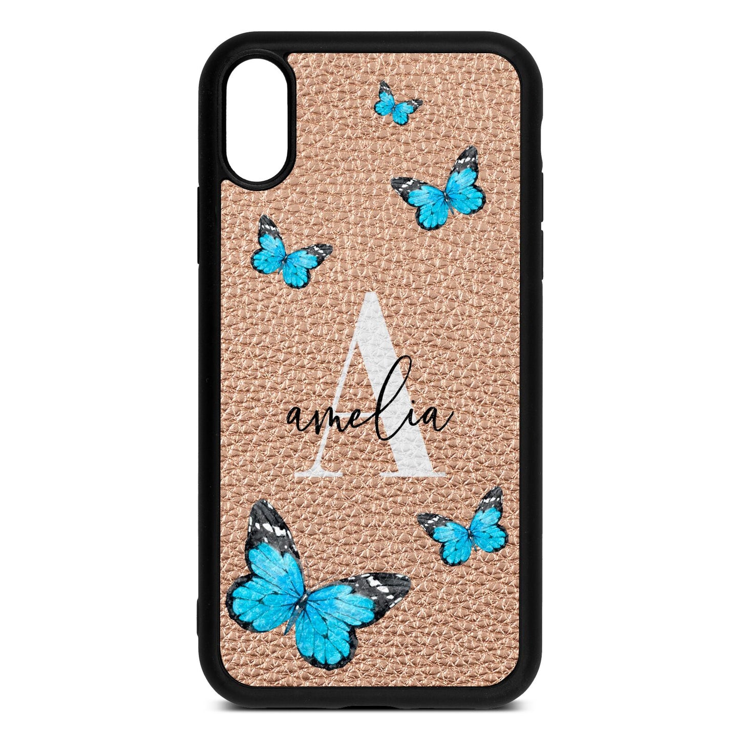 Blue Butterflies with Initial and Name Rose Gold Pebble Leather iPhone Xr Case