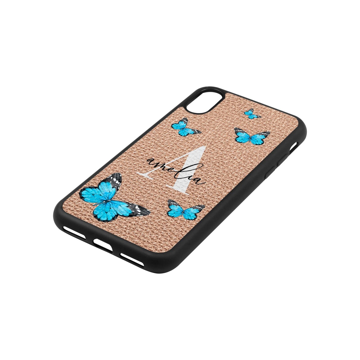 Blue Butterflies with Initial and Name Rose Gold Pebble Leather iPhone Xs Case Side Angle