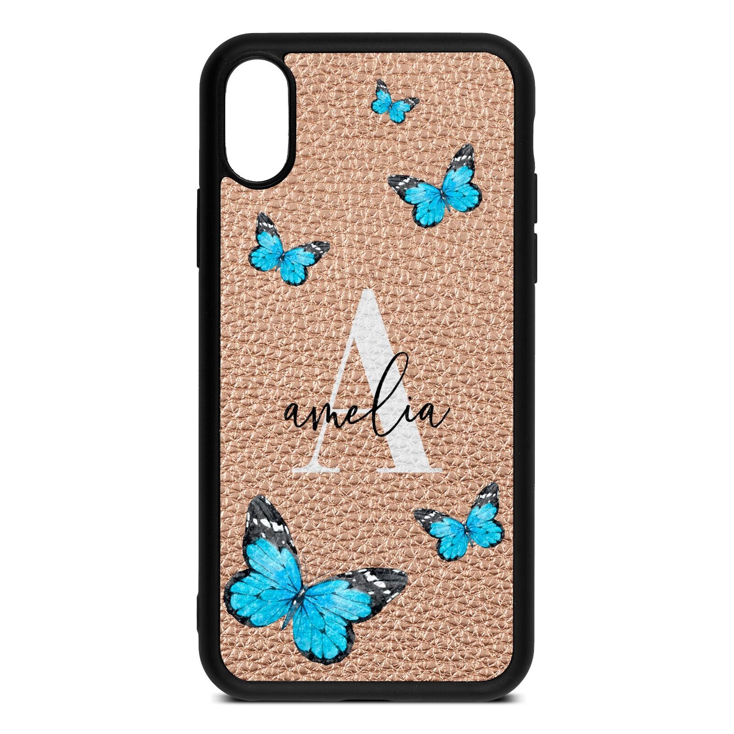 Blue Butterflies with Initial and Name Rose Gold Pebble Leather iPhone Xs Case