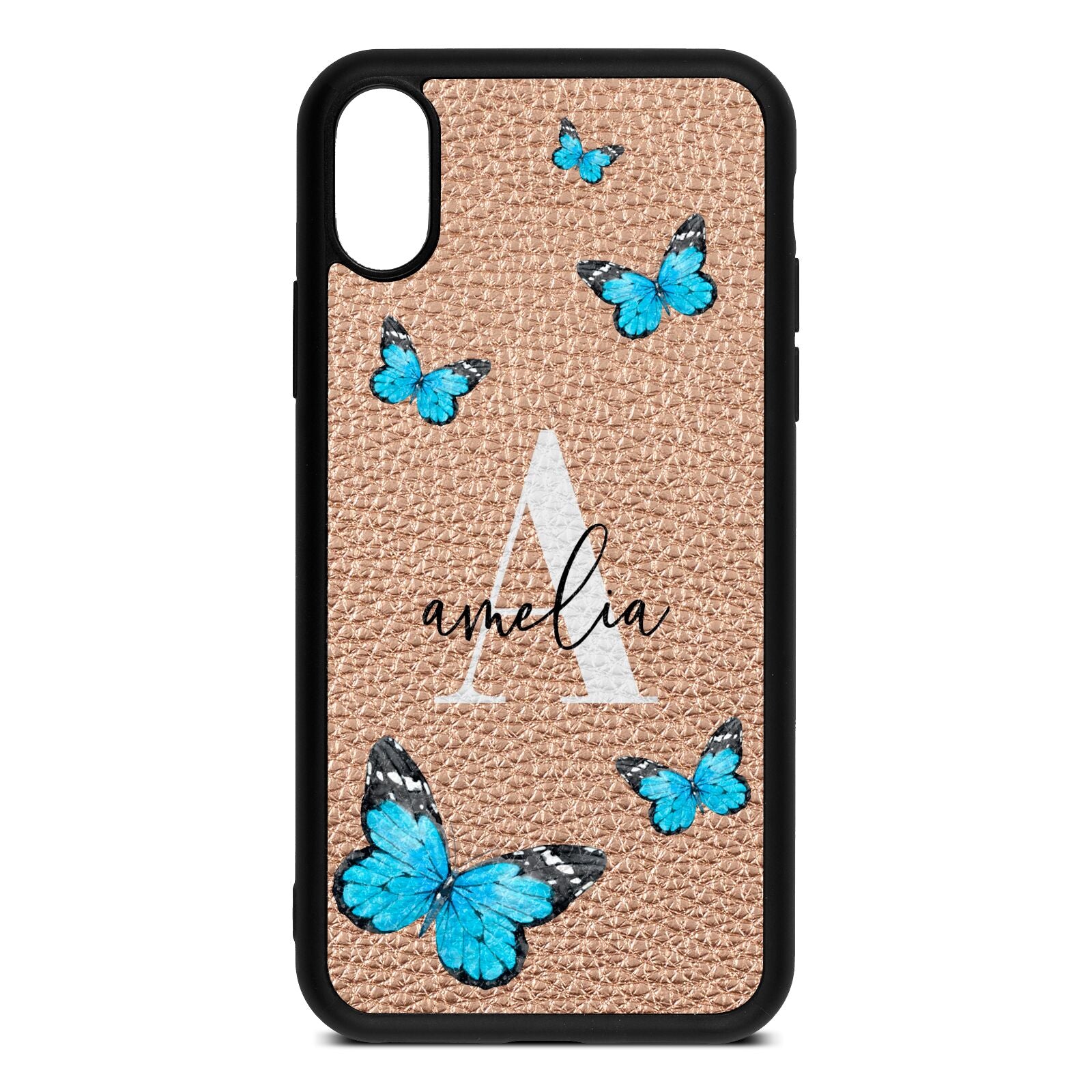 Blue Butterflies with Initial and Name Rose Gold Pebble Leather iPhone Xs Case