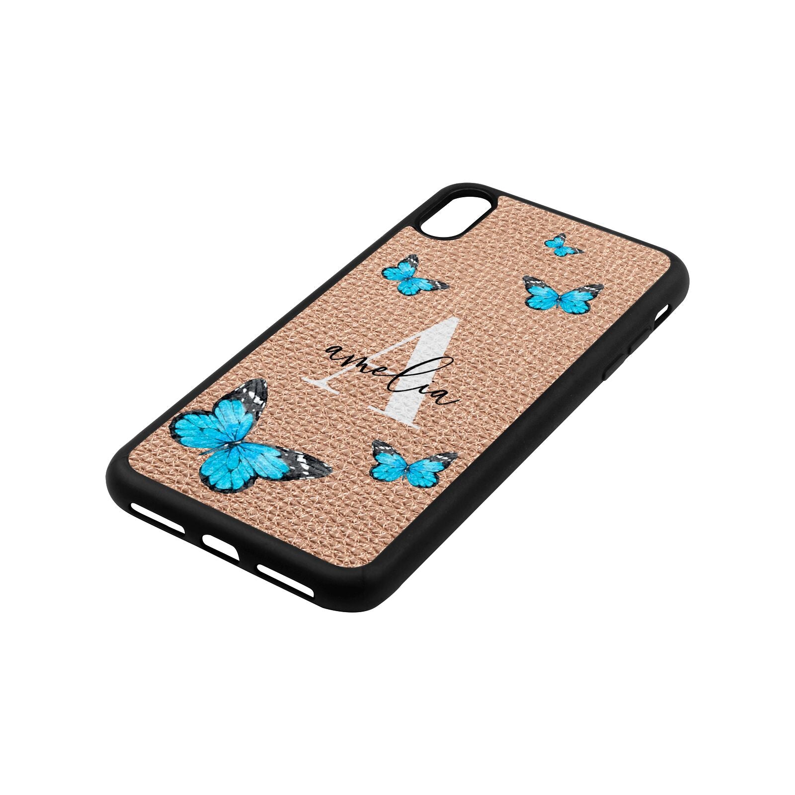 Blue Butterflies with Initial and Name Rose Gold Pebble Leather iPhone Xs Max Case Side Angle